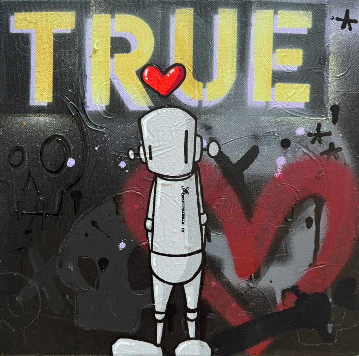 Painting titled 'Make it last - Through the shadows and light' by Chris RWK, featuring a robot with a heart on its head, 12x12 mixed media on canvas.