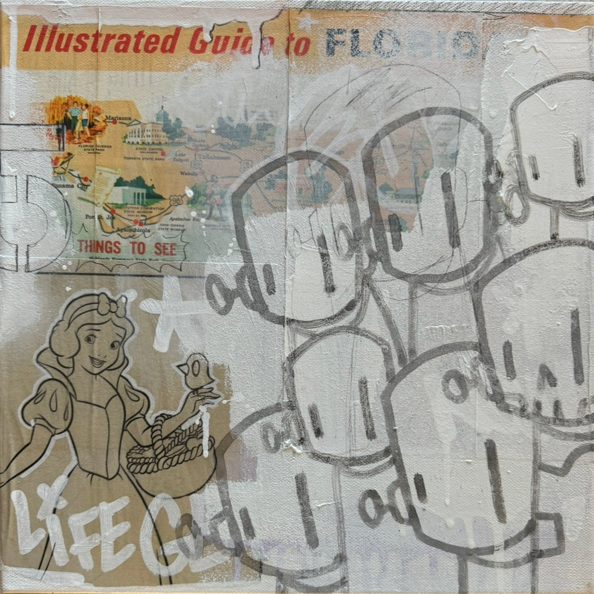 12x12 mixed media canvas titled 'Holding on' by Chris RWK, featuring cartoon characters and a woman with a bird, reflecting childlike artistry.