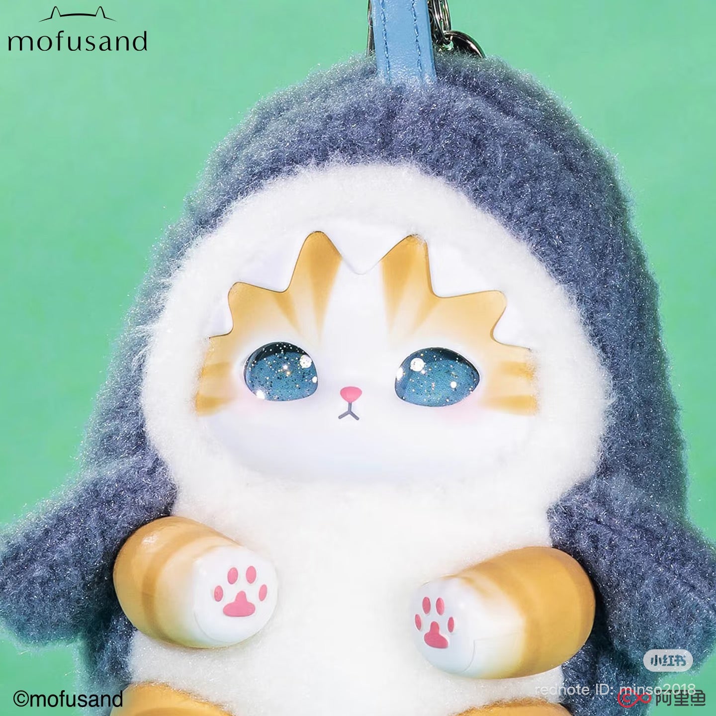 Mofusand Plush Pendant Blind Box Series: A cute cat face keychain in a fluffy costume with big eyes and pink paw prints, preorder available.