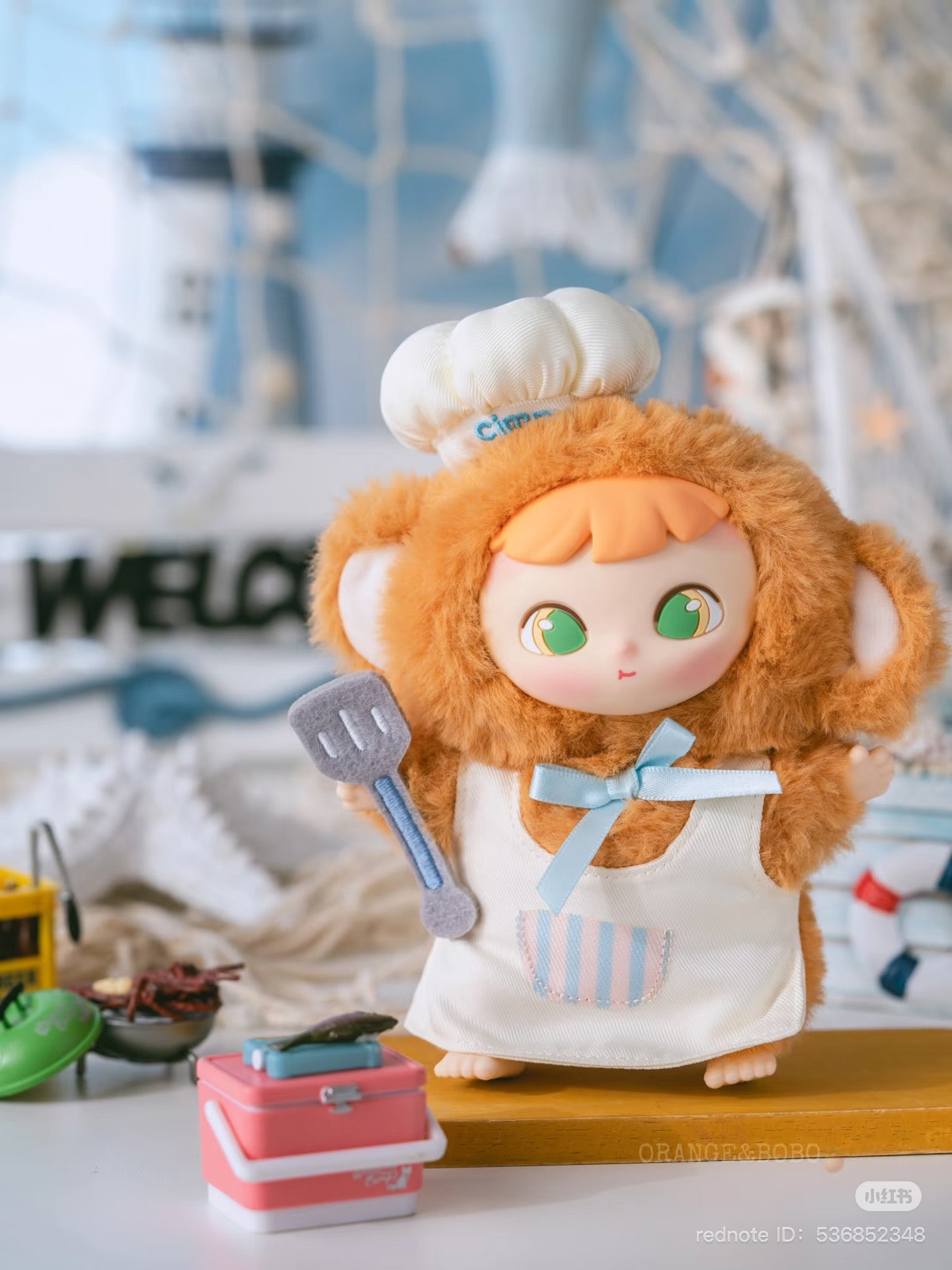 Cimmy You're Invited Series Plush Keychain Blind Box featuring a stuffed animal doll with a chef hat and spatula.