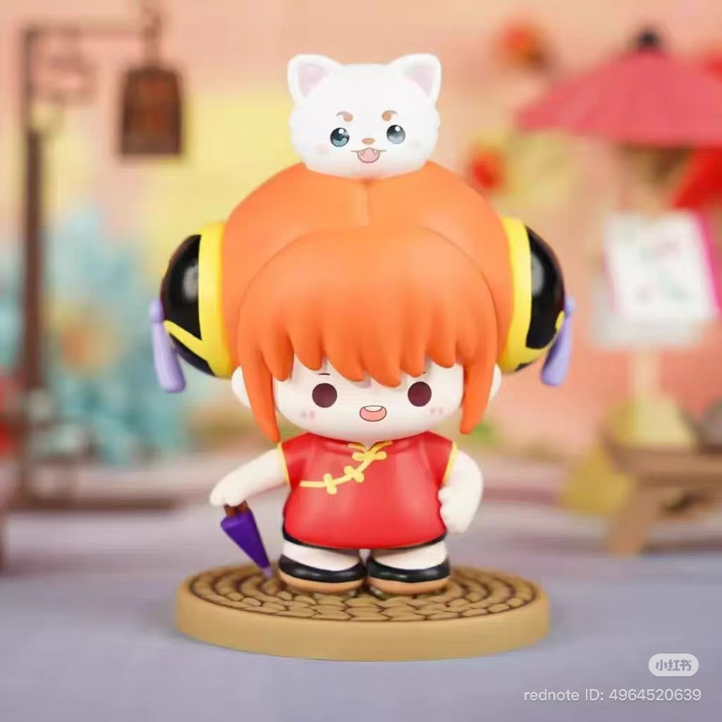 Gintama Moe Series Vol.1 Blind Box figurine featuring a girl in a red cheongsam with an umbrella and pet, styled in a chibi design.