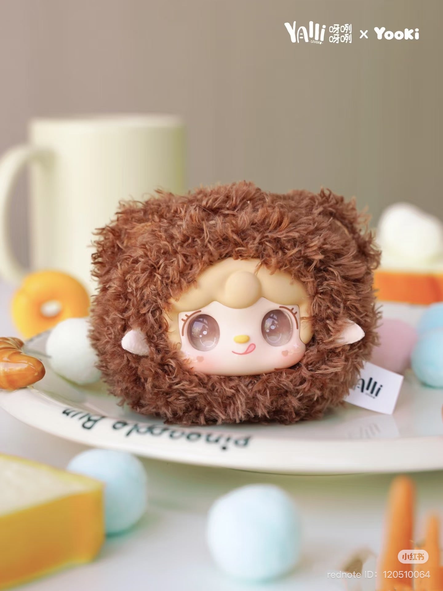 Yooki - Little Bear Bun Mini Keychain Plush Blind box, a stuffed animal toy on a plate, available for preorder from Strangecat Toys.