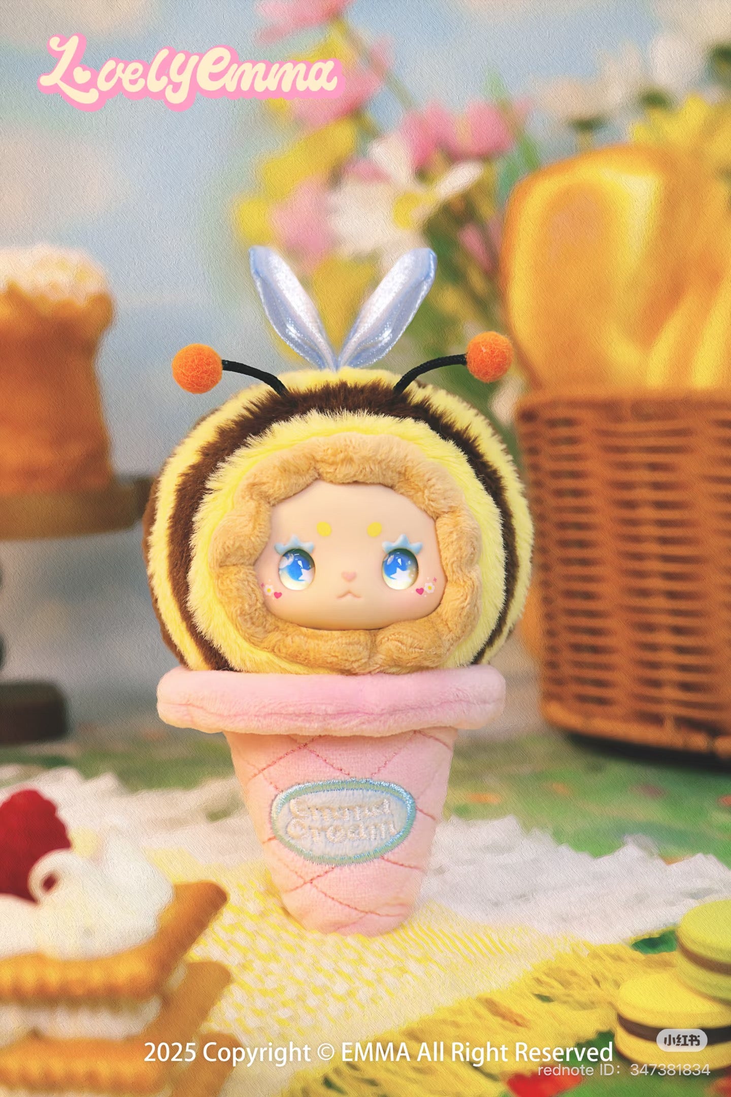 Stuffed toy bee in a cone from LOVELY EMMA Ball Ball ice cream Plush Keychain Blind Box Series, available for preorder at Strangecat Toys.