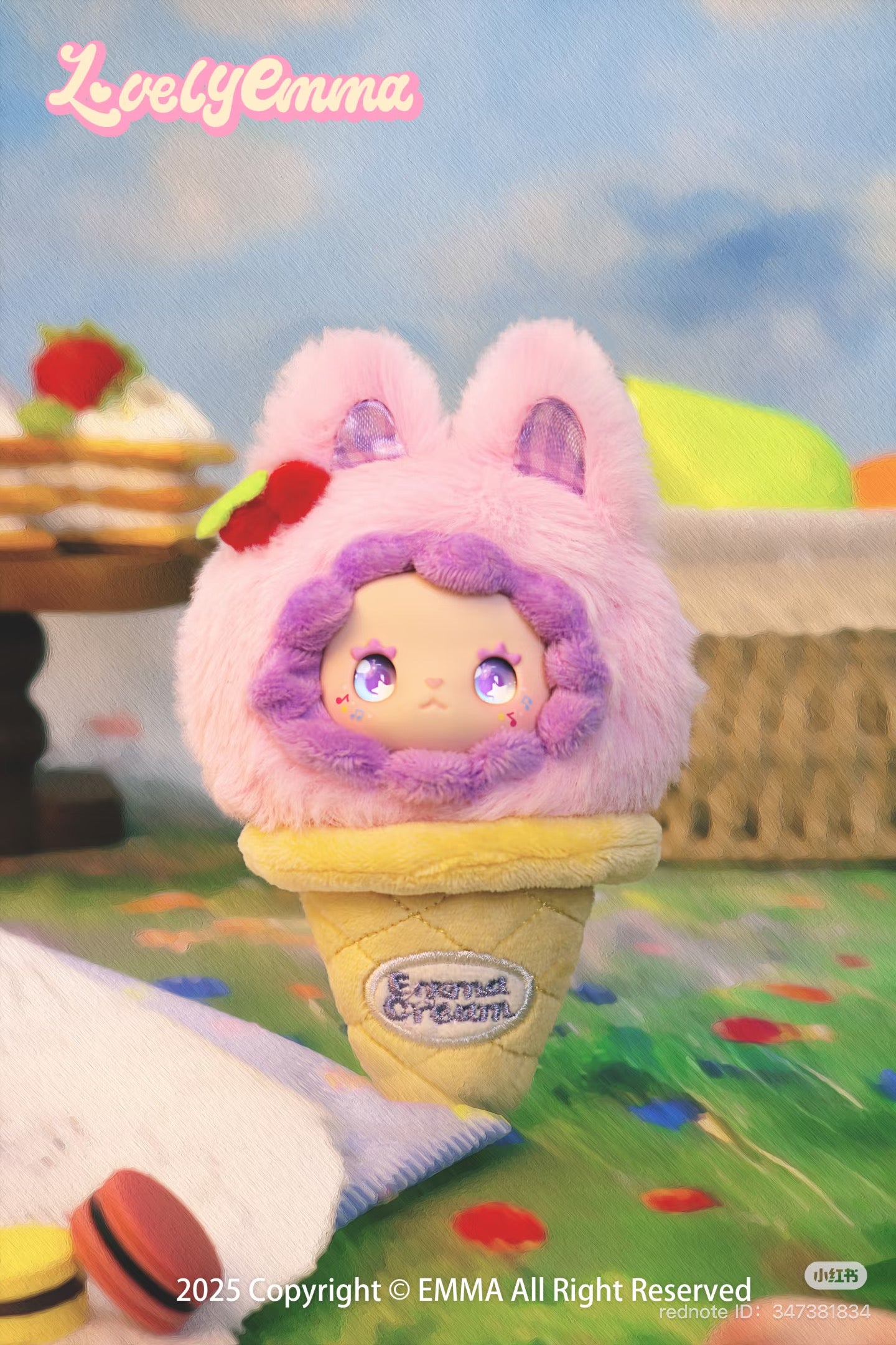 Lovely Emma Ball Ball ice cream plush keychain from a blind box series, featuring a stuffed toy in a cone shape, available for preorder.