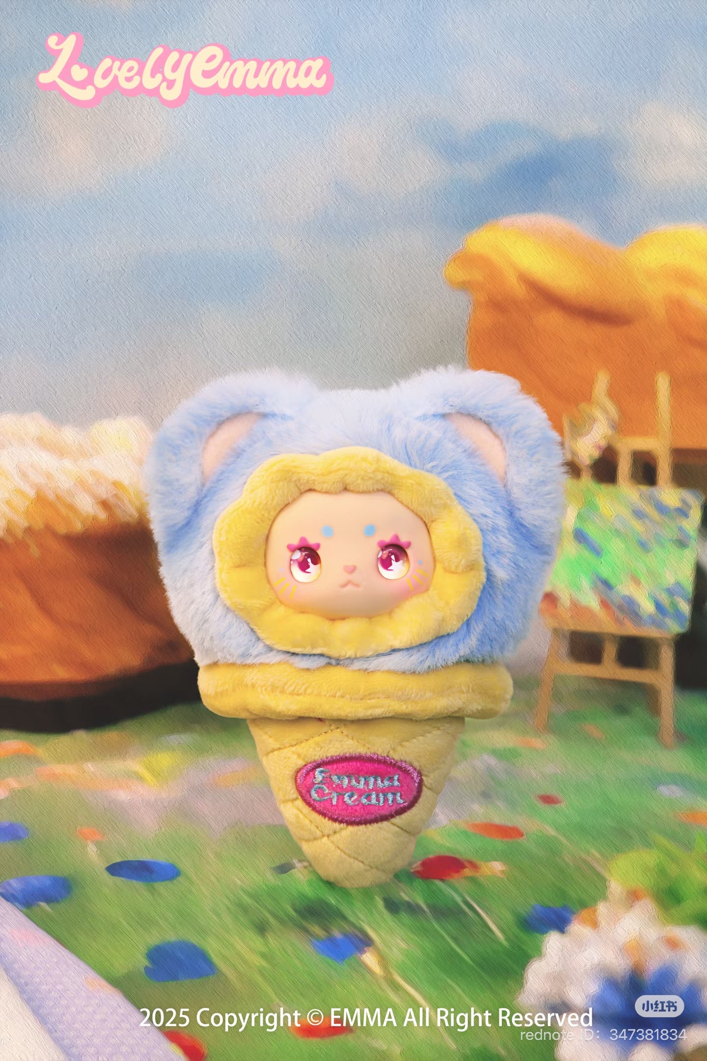 LOVELY EMMA Ball Ball ice cream Plush Keychain Blind Box Series featuring a yellow stuffed toy in a cone. Preorder for May 2025 shipment.