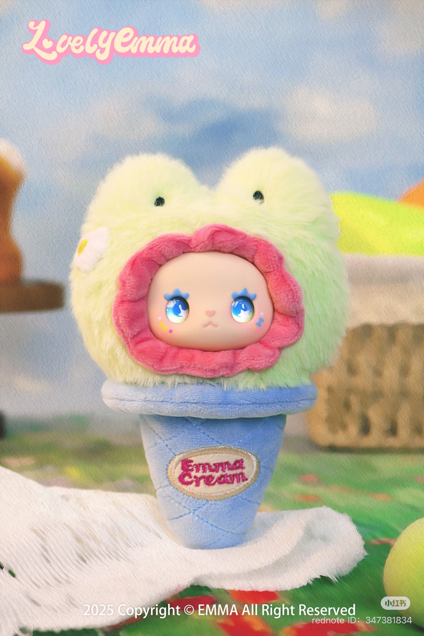 Lovely Emma Ball Ball ice cream plush keychain from the blind box series, featuring a stuffed toy shaped like an ice cream cone with cartoon-like features.