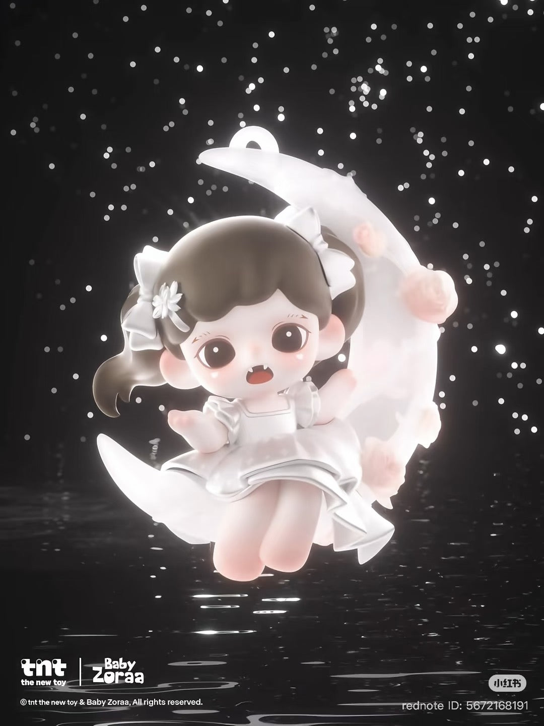 Baby Zoraa chibi figure on crescent moon with roses, part of Zoraa Starry River in Memories series, available for preorder at Strangecat Toys.