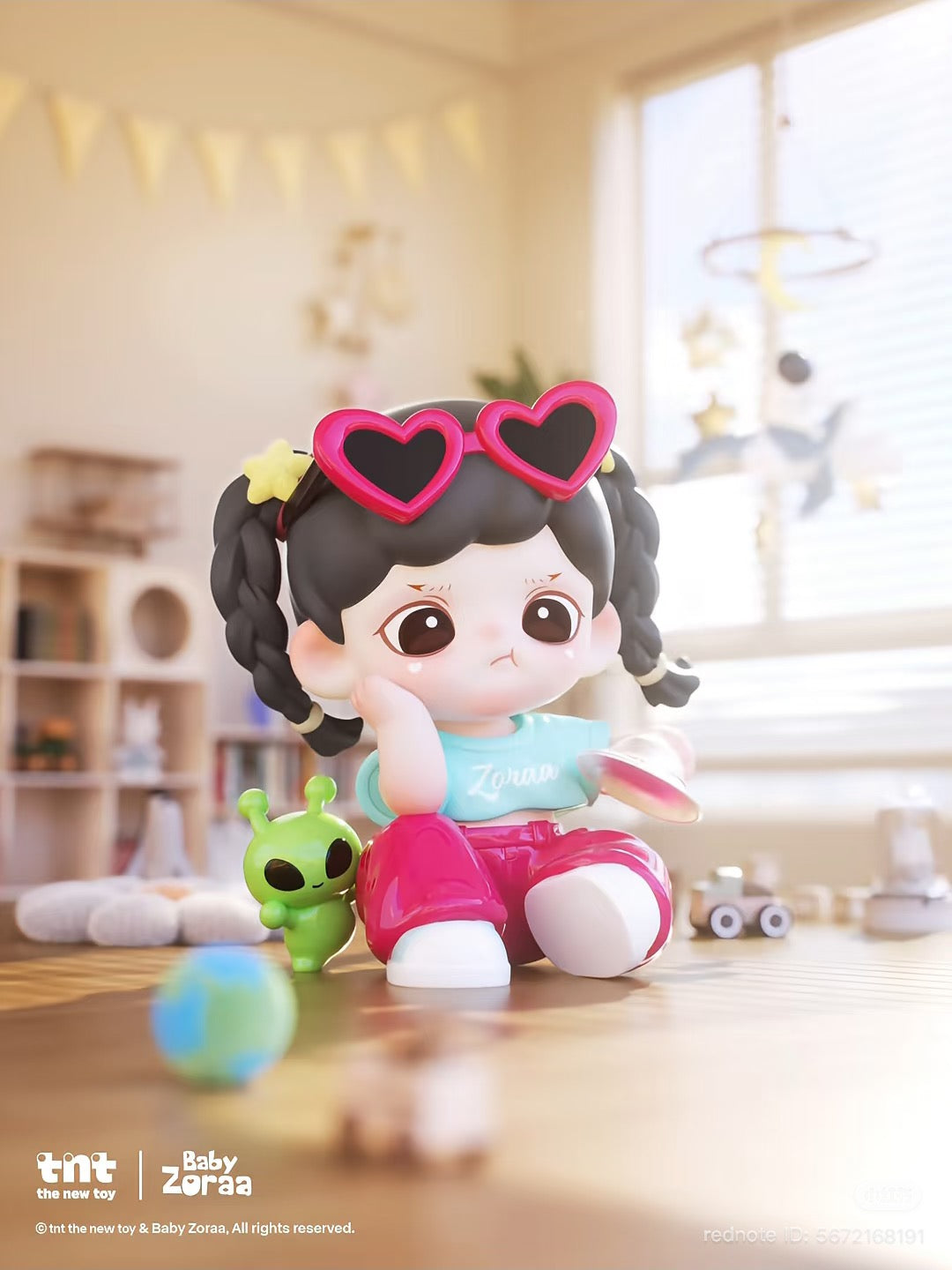 Zoraa Starry River in Memories figure: a girl figurine in a playroom with a green alien and globe toy, available for preorder in blind box series.