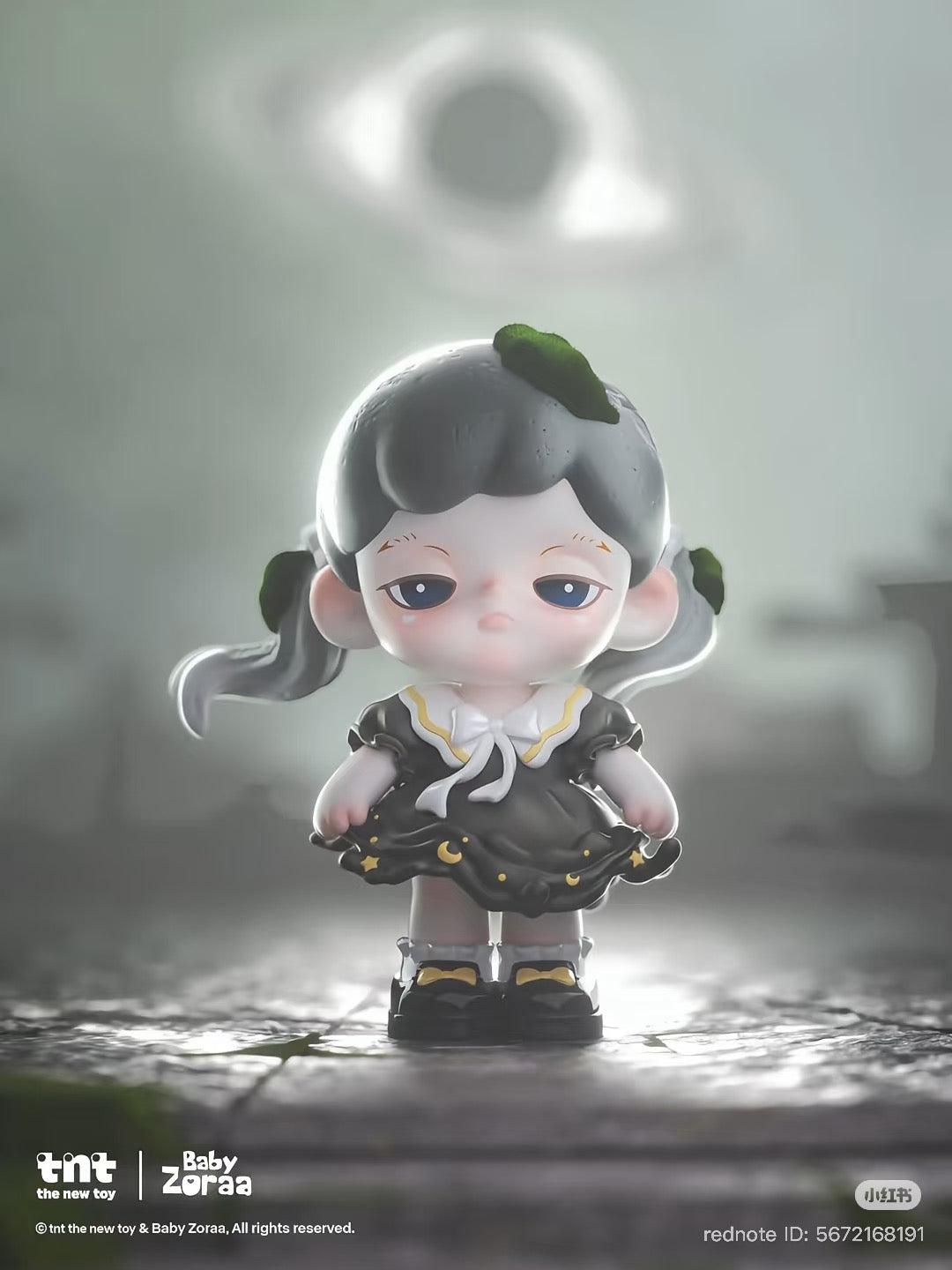 3D-rendered “Zoraa Starry River in Memories” figure, gray pigtails, crescent moon dress, softly lit background; part of a collectible blind box series from Strangecat Toys.