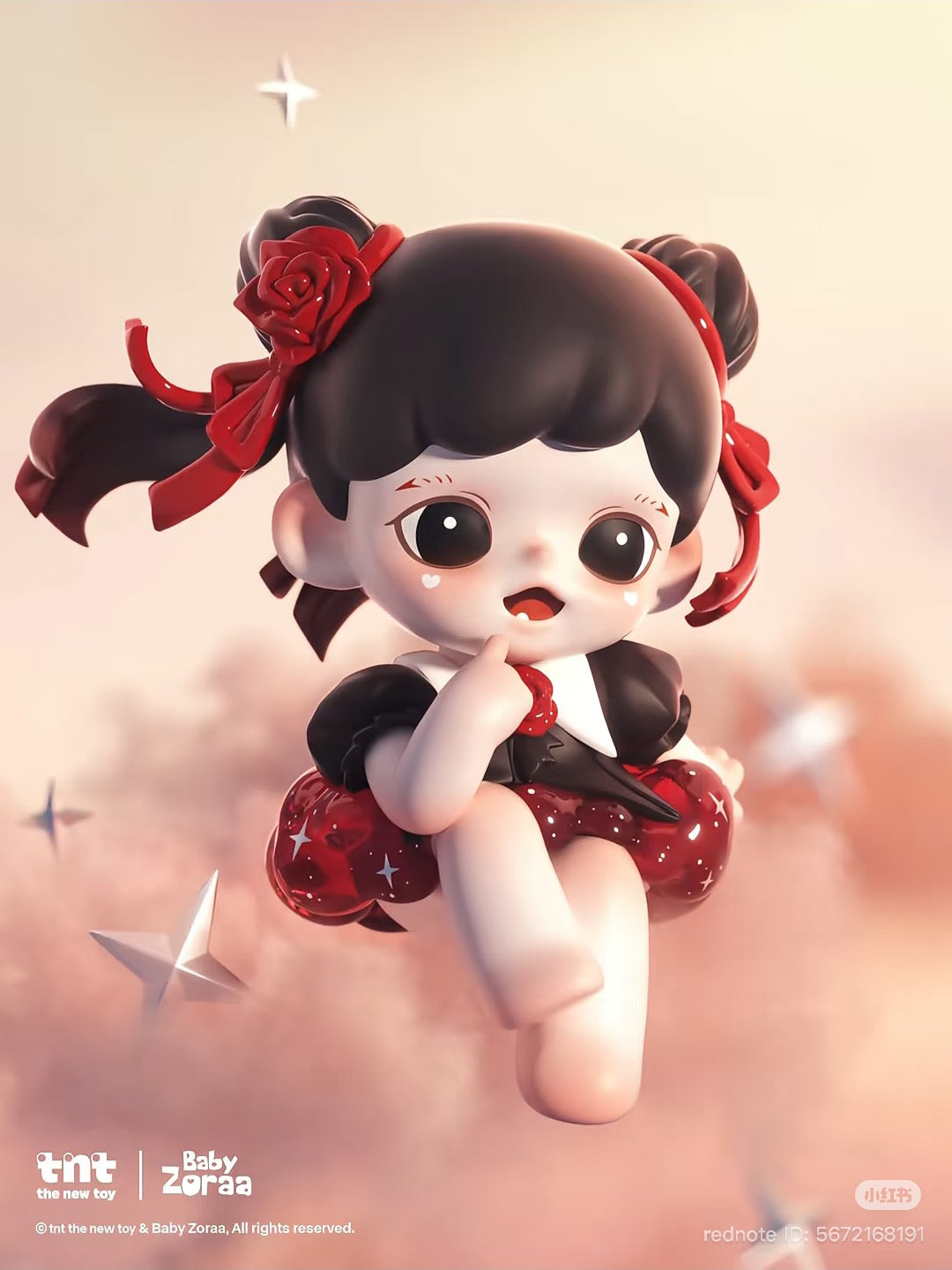 Chibi-style Baby Zoraa toy figure, part of the Zoraa Starry River in Memories series Blind Box, featuring starry skirt and rose ribbon details.