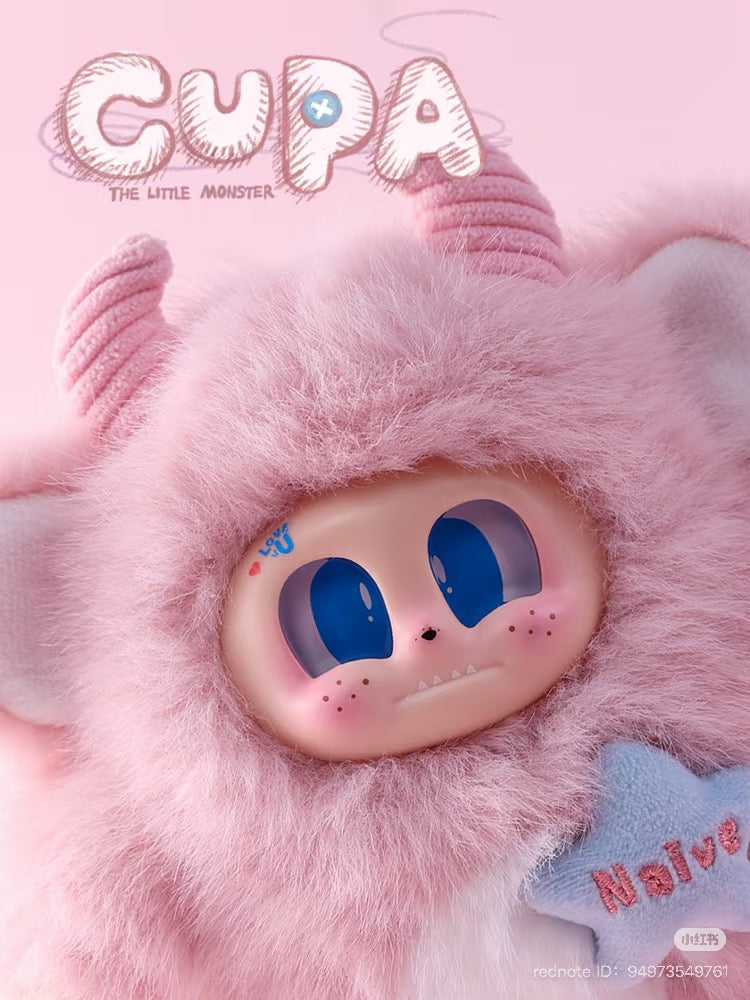 Cupa the Little Monster plush keychain featuring pink fur, horns, and blue eyes from the blind box series. Preorder for June 2025 release.