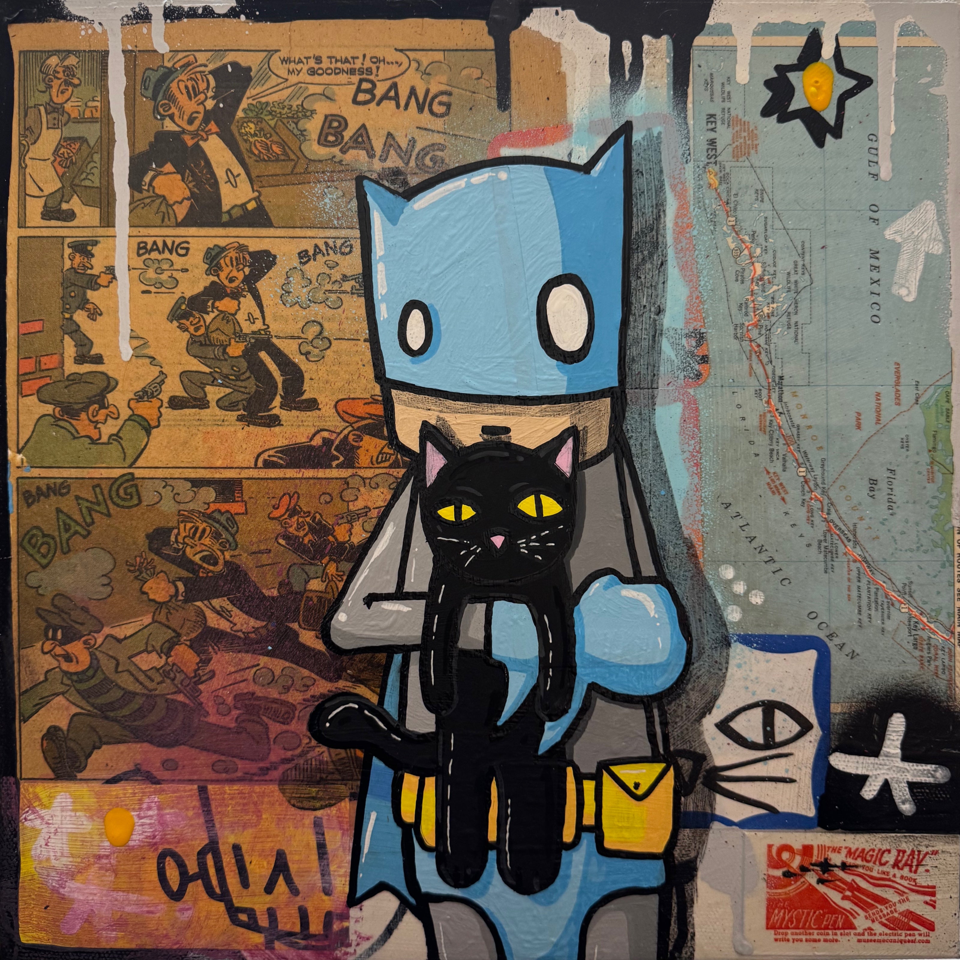 Time Will Tell - 'Bats and Cats' by Chris RWK: Mixed-media collage featuring a cartoon figure in a cowl holding a black cat among vintage comics and graffiti elements.