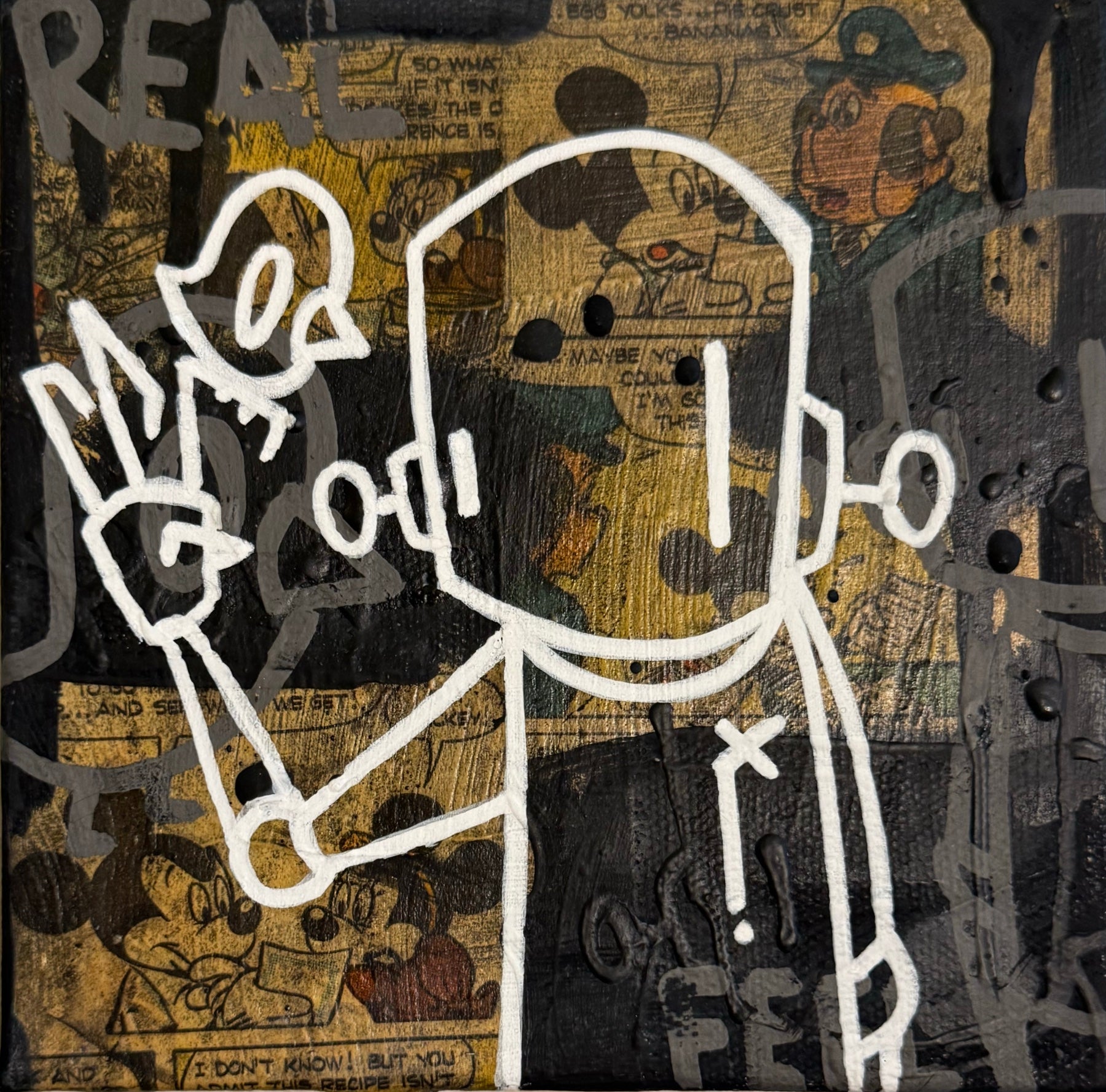 Time Will Tell - 'With me in dark times' by Chris RWK: 6x6” mixed-media art with vintage comic panels, graffiti, and cartoon figure.