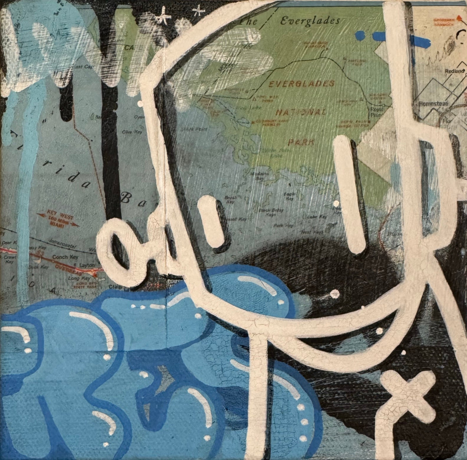 Time Will Tell - 'More along these lines' by Chris RWK: A 6”x6” graffiti-style mixed media artwork over a vintage southern Florida map, featuring bold graphics and calligraphic lines.