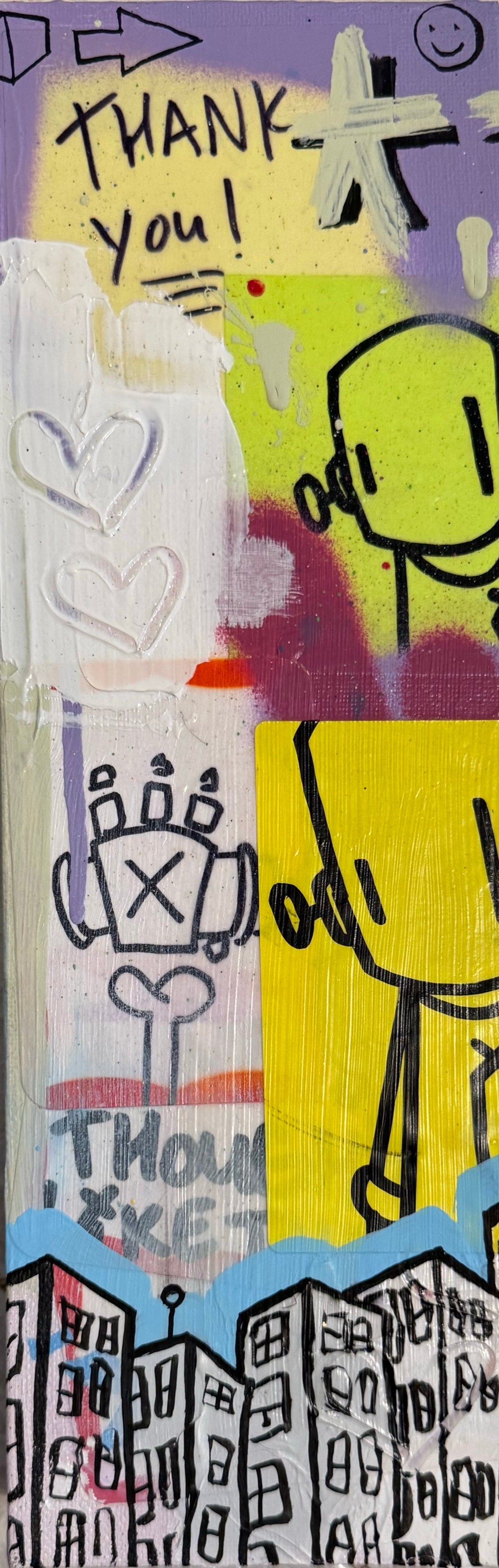 Time Will Tell - 'Colors and time' by Chris RWK: A 4”x12” mixed-media graffiti panel with playful doodles, positive messaging, and an urban skyline.