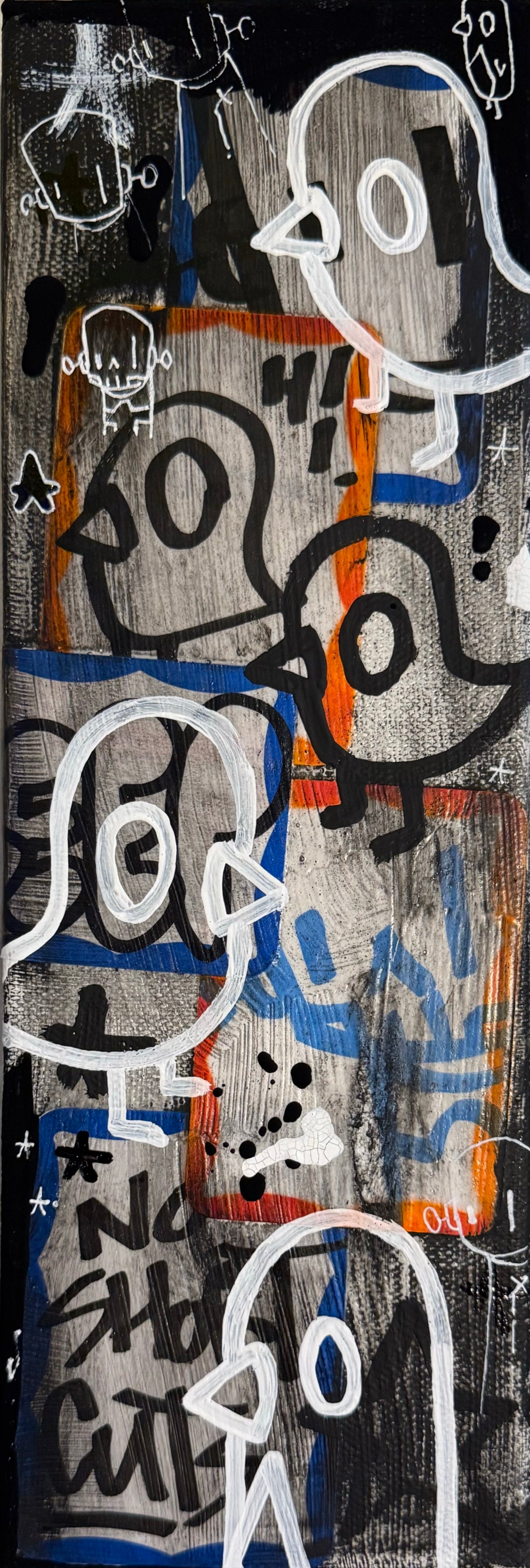 Time Will Tell - 'Flock Together' by Chris RWK: 4”x12” mixed medium piece featuring cartoon birds and urban doodles on a layered abstract background.