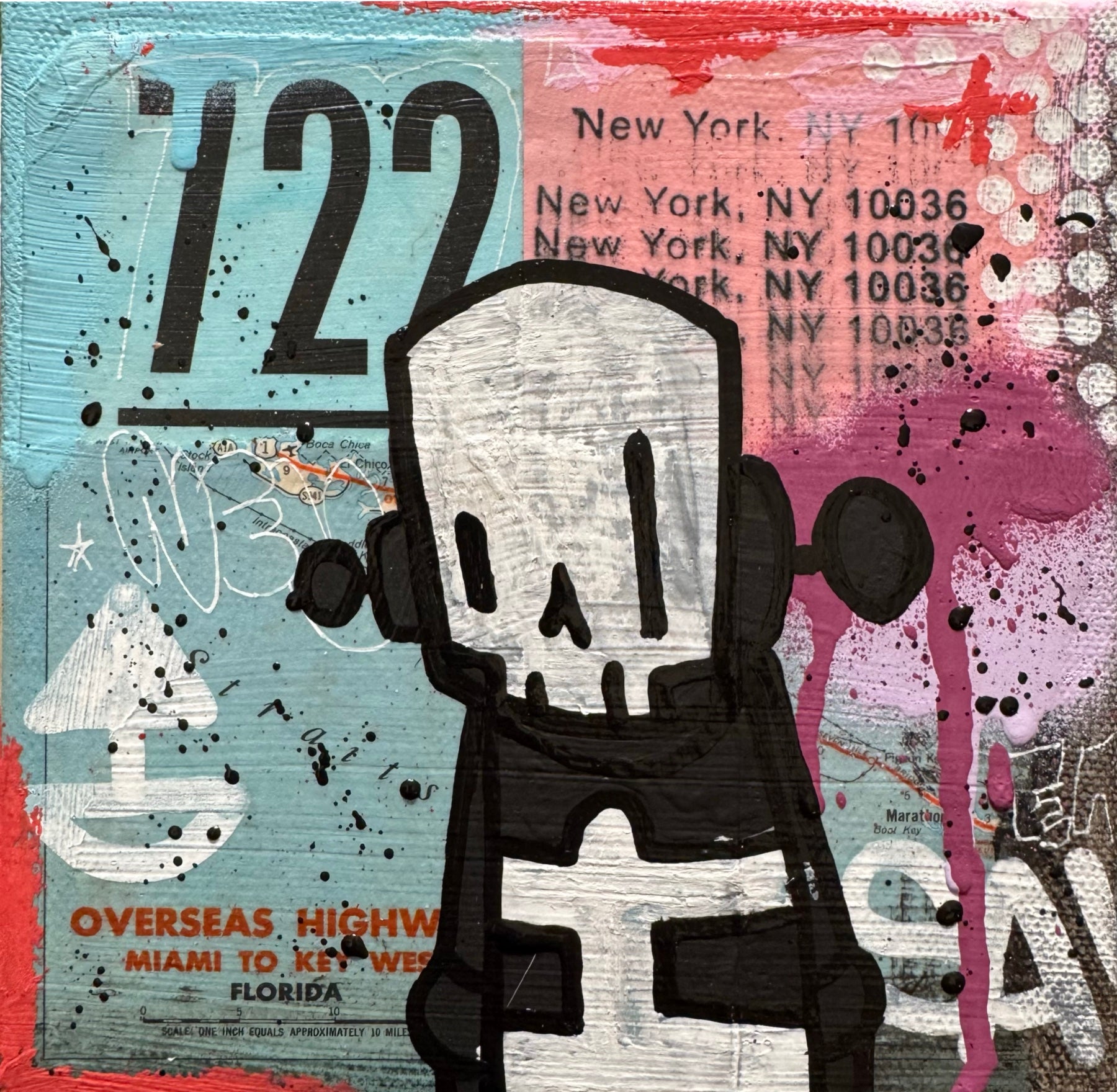 Time Will Tell - 'From here to there' by Chris RWK: Cartoony skeleton collage with NYC text, map snippet, and vibrant paint layers, 6”x6” mixed media.