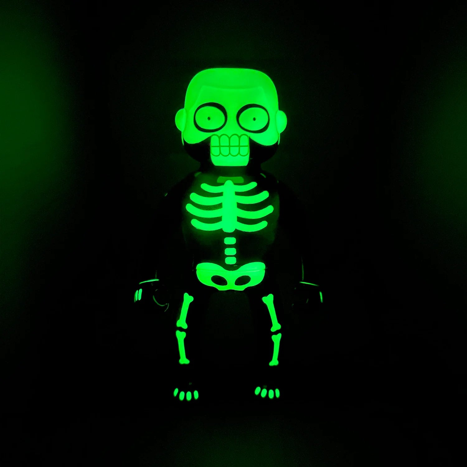 MR NOBODIES - SKELETON (GID GREEN) vinyl toy, humanoid with bright green skeletal details, glow-in-the-dark. Preorder for December 2025 release. Designed by Lick Palik.