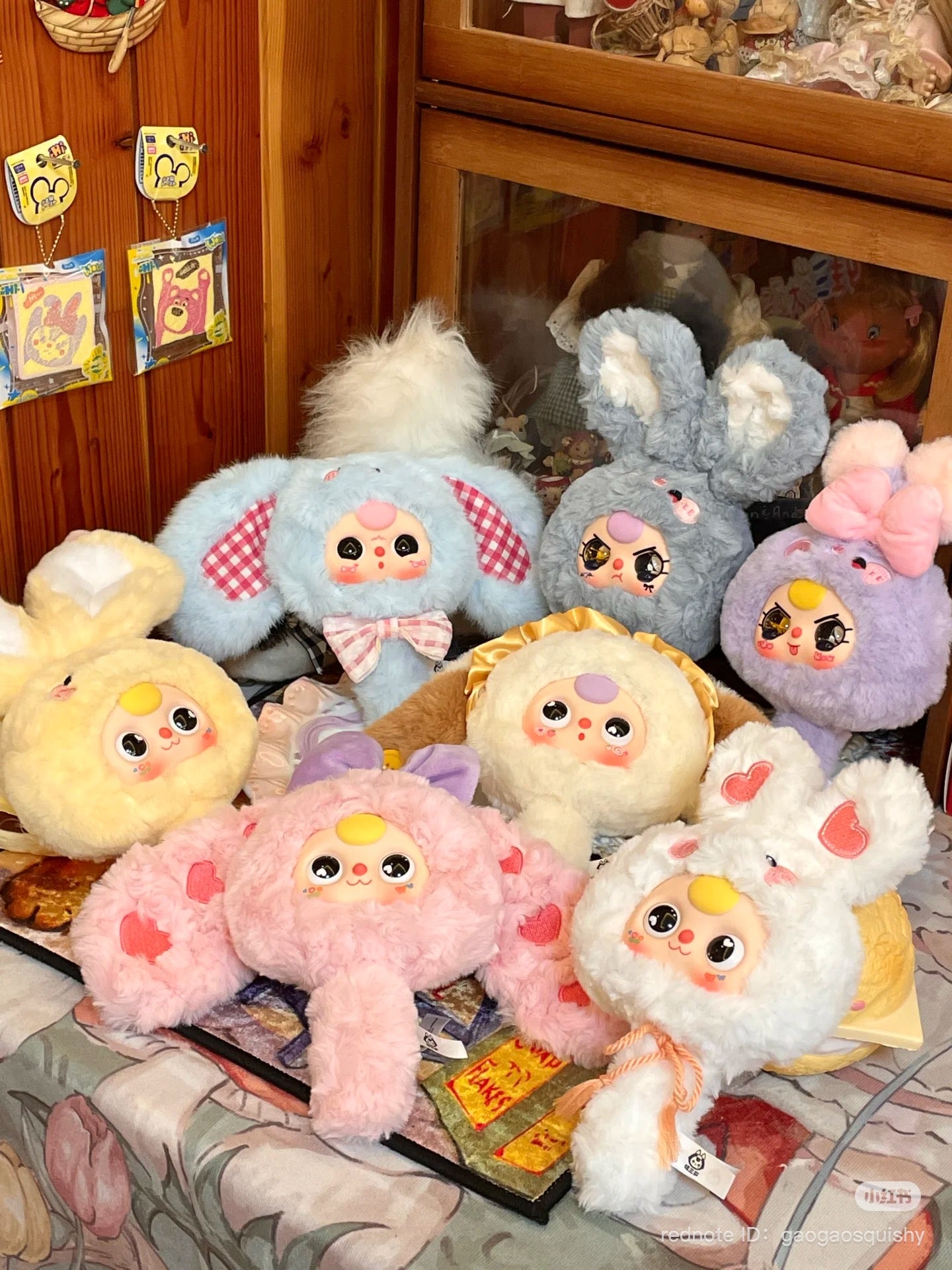 Baby Three Magic Mirror Plush Blind Box Series for preorder, featuring assorted stuffed animals on a table, part of a collection with 8 designs and 2 secret options.