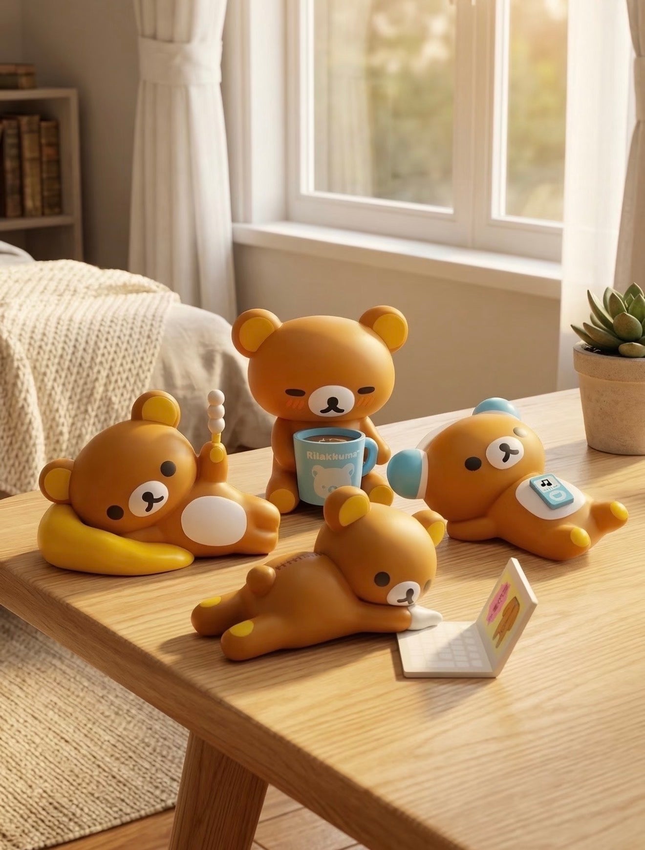 Rilakkuma Lifestyle Vinyl Figure Blind Box featuring four relaxation-themed bear figurines on a wooden table, each engaging in playful activities with a cozy room backdrop.