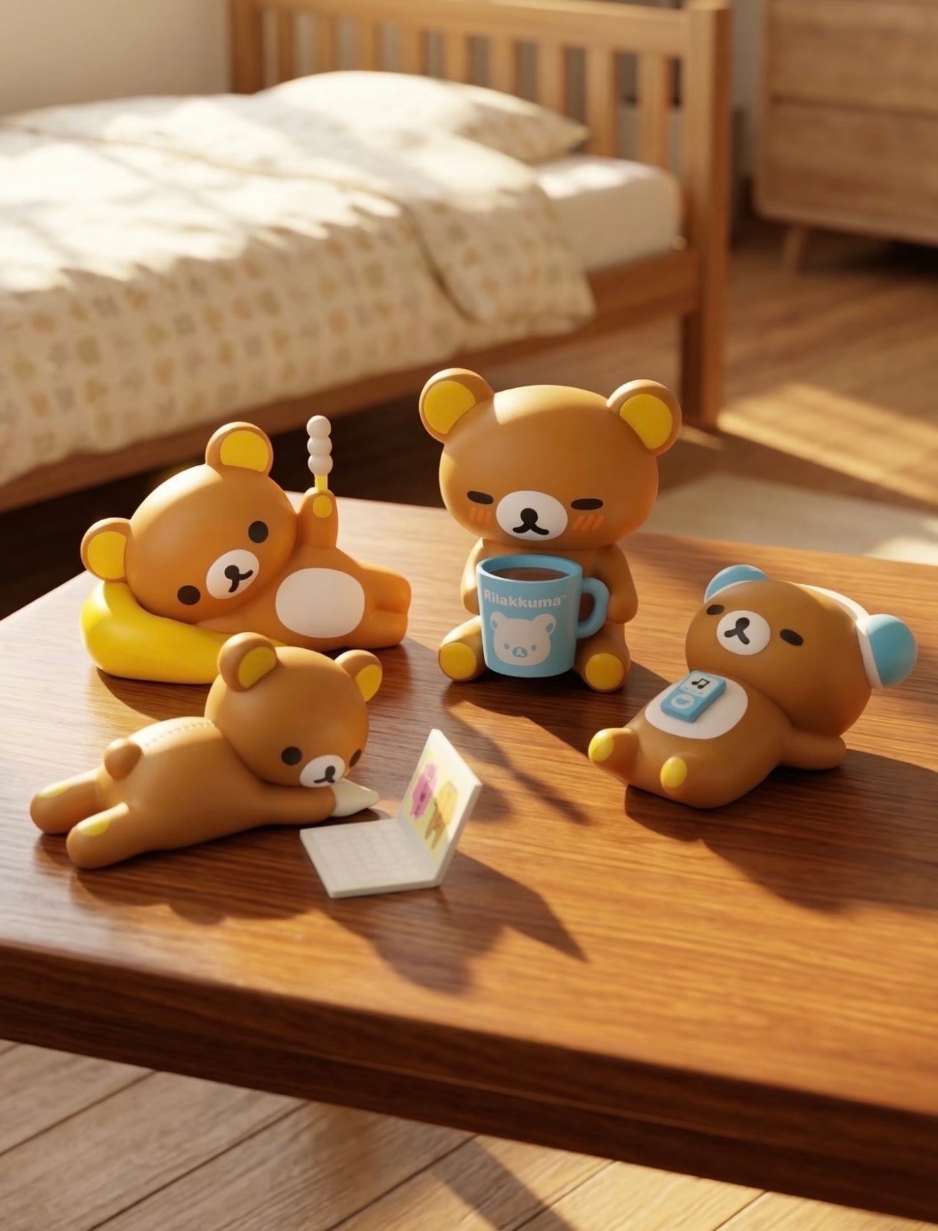Rilakkuma Lifestyle Vinyl Figure Blind Box: Four Rilakkuma figurines depict a leisurely morning routine on a sunlit table, embodying cozy diorama charm.