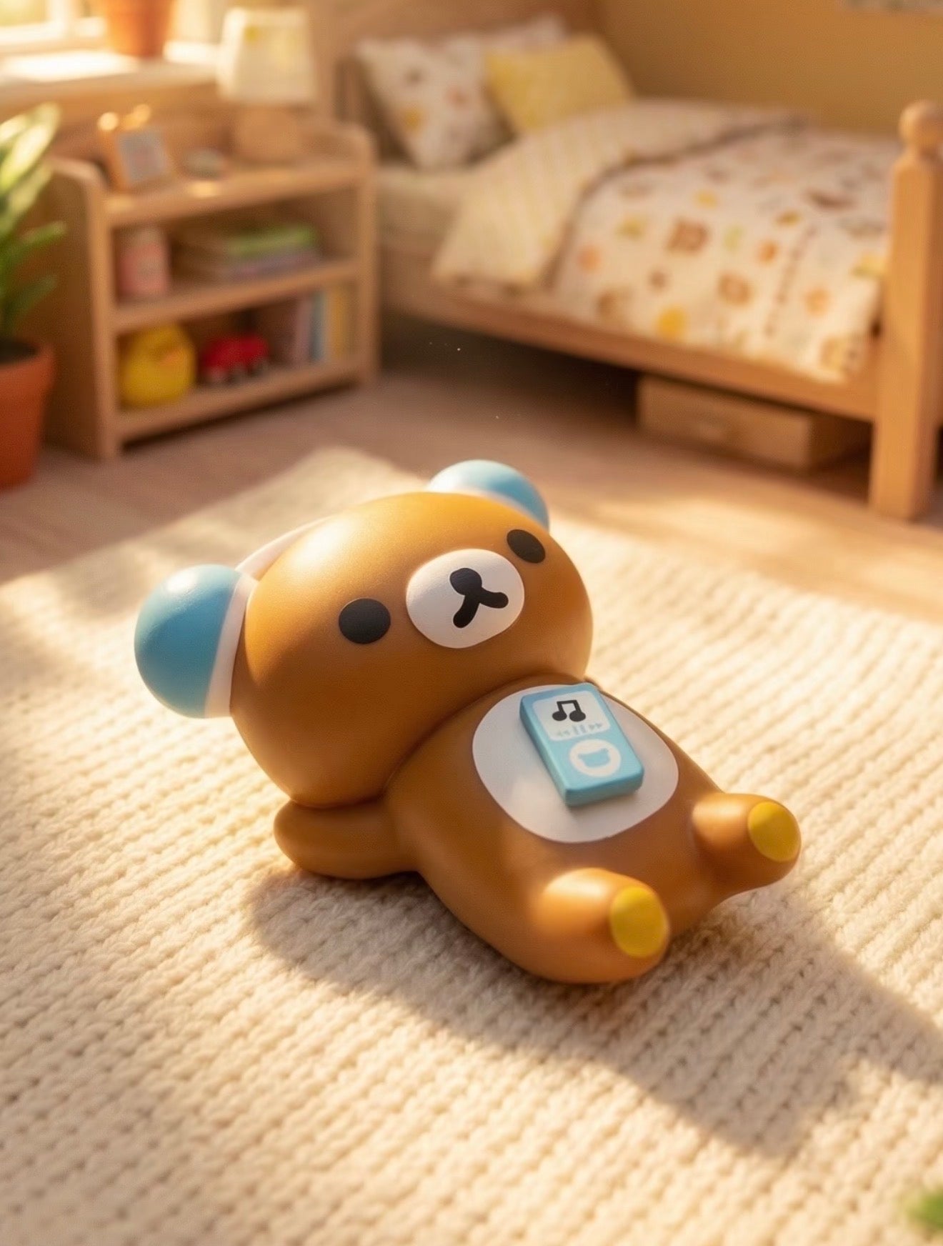 Rilakkuma Lifestyle Vinyl Figure Blind Box featuring a teddy bear with headphones on a knit rug, highlighting cozy, artist-designed collectible toys from Strangecat Toys.