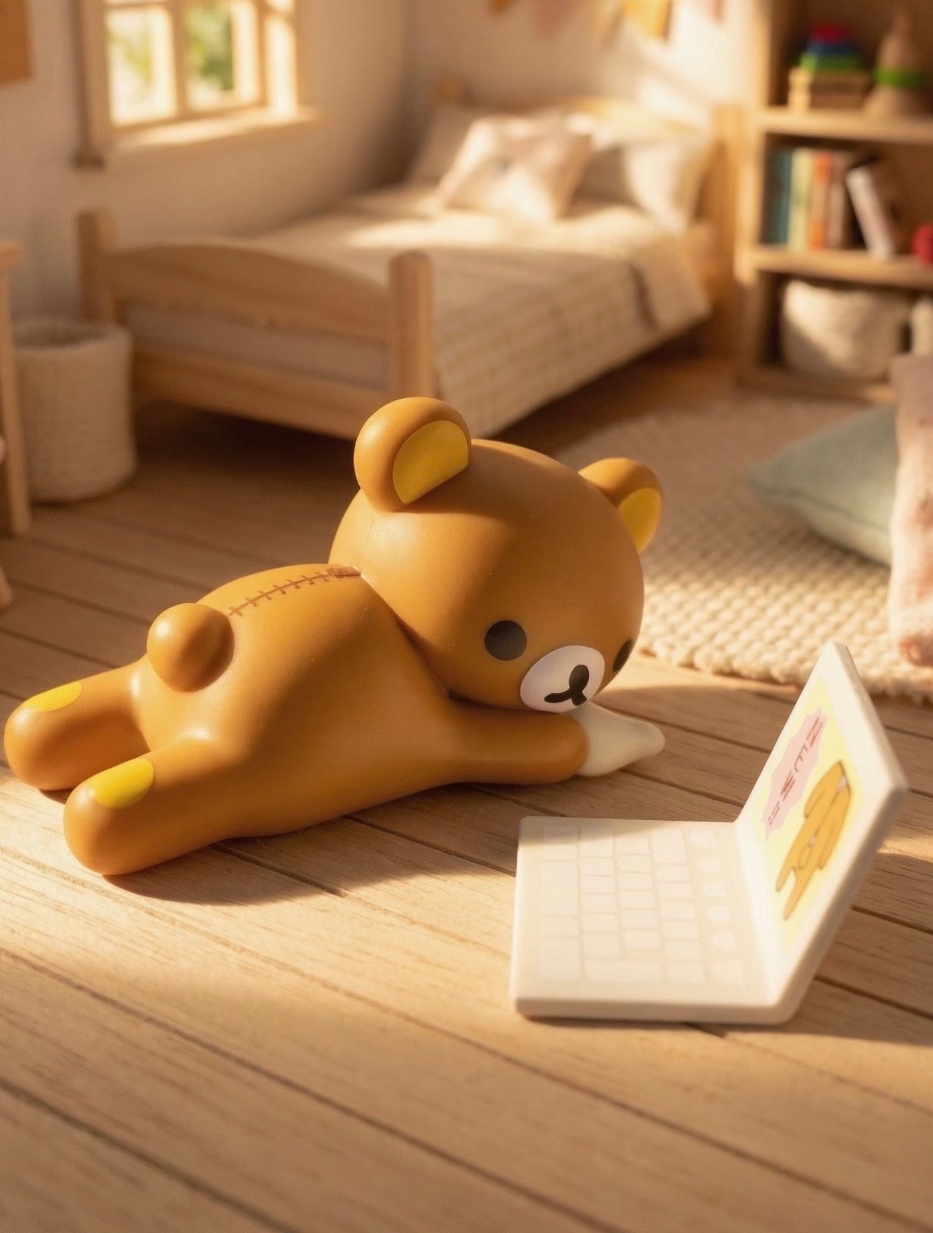 Rilakkuma Lifestyle Vinyl Figure Blind Box: A cute bear figurine with a laptop in a cozy diorama, showcasing artist-designed, limited edition collectibles from Strangecat Toys.