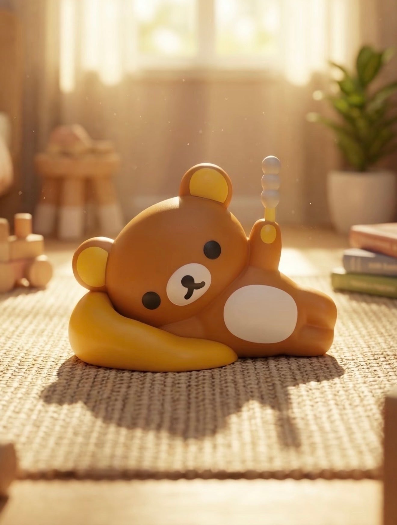 Rilakkuma Lifestyle Vinyl Figure Blind Box: Kawaii teddy bear figure with dango skewer, artist-designed, limited edition, presented on a woven rug, 6-8cm tall.
