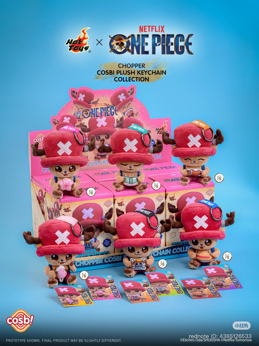 One Piece Chopper COSBI Plush Keychain Blind Box featuring six plush keychains in a pink display box, each with a collectible card, Netflix × One Piece and Hot Toys logos visible.