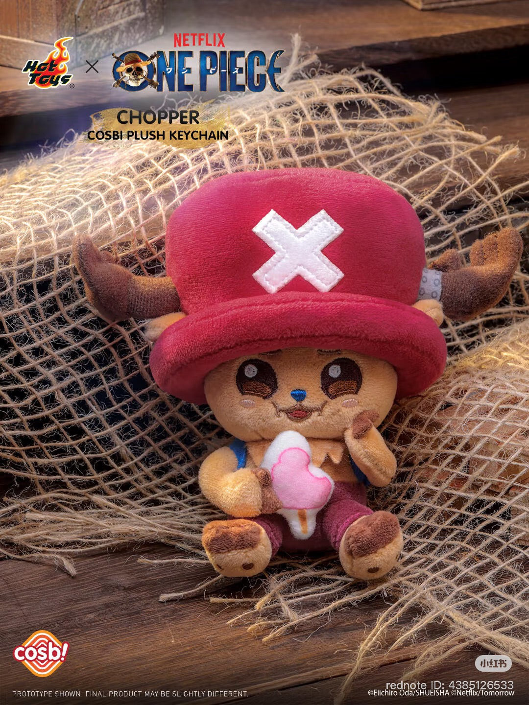 One Piece Chopper COSBI Plush Keychain Blind Box: Tony Tony Chopper plush with signature hat, holding a heart-shaped popsicle, against a burlap and wood backdrop.