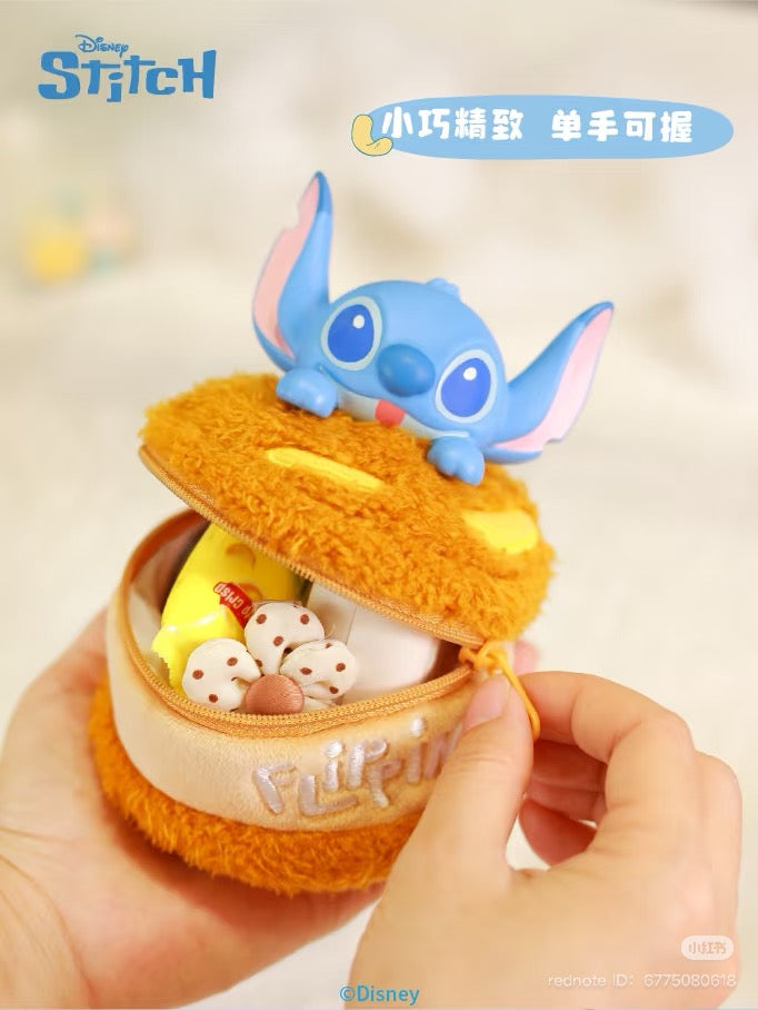 Hand holding Disney Stitch series interesting food handbag stuffed animal, available for preorder, featuring six designs from Strangecat Toys. Ships August 2025.