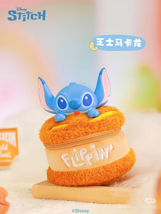 Disney Stitch series interesting food handbag pre-order, featuring a stuffed Stitch toy on a pillow, capturing playful design elements. Ships August 2025.