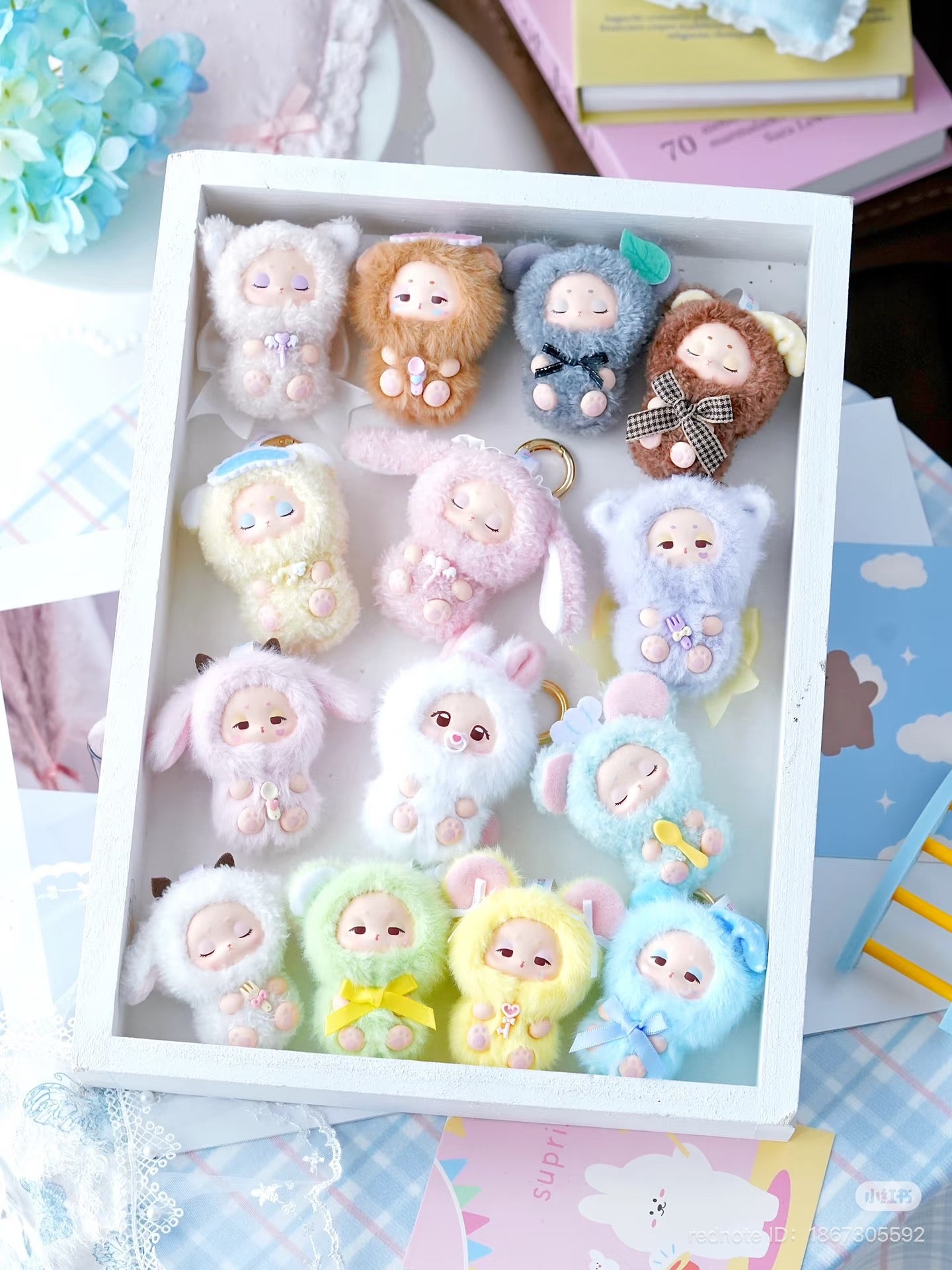 Sleepy Baby series vinyl plush keychain blind box featuring a stuffed toy with a bow. Preorder available, ships August 2025.