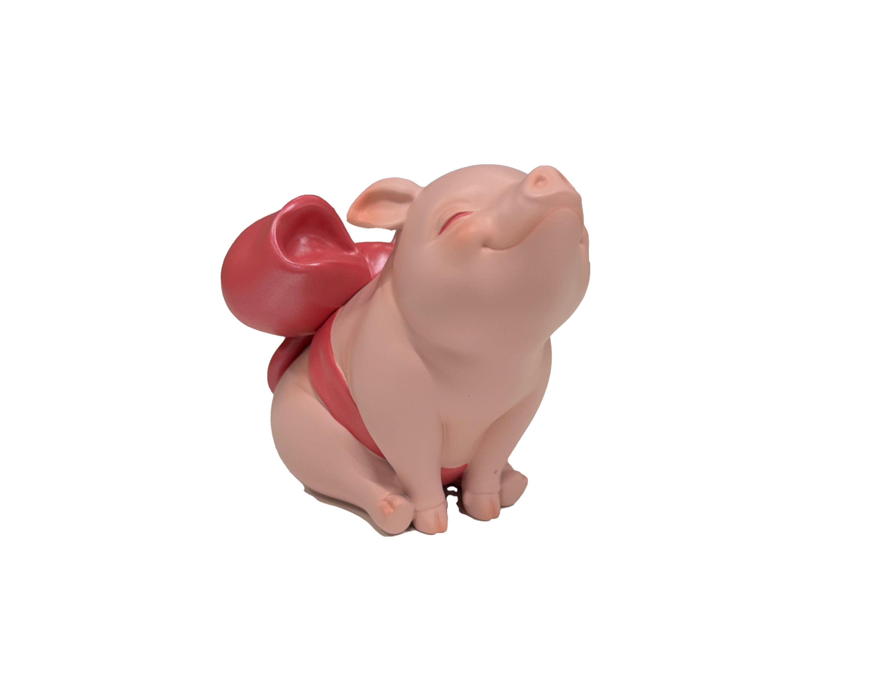 Round & Lustrous Pink Pig figurine, 10cm resin, shows a smiling pig with a red harness, capturing playful artistry typical of Strangecat Toys' collection.