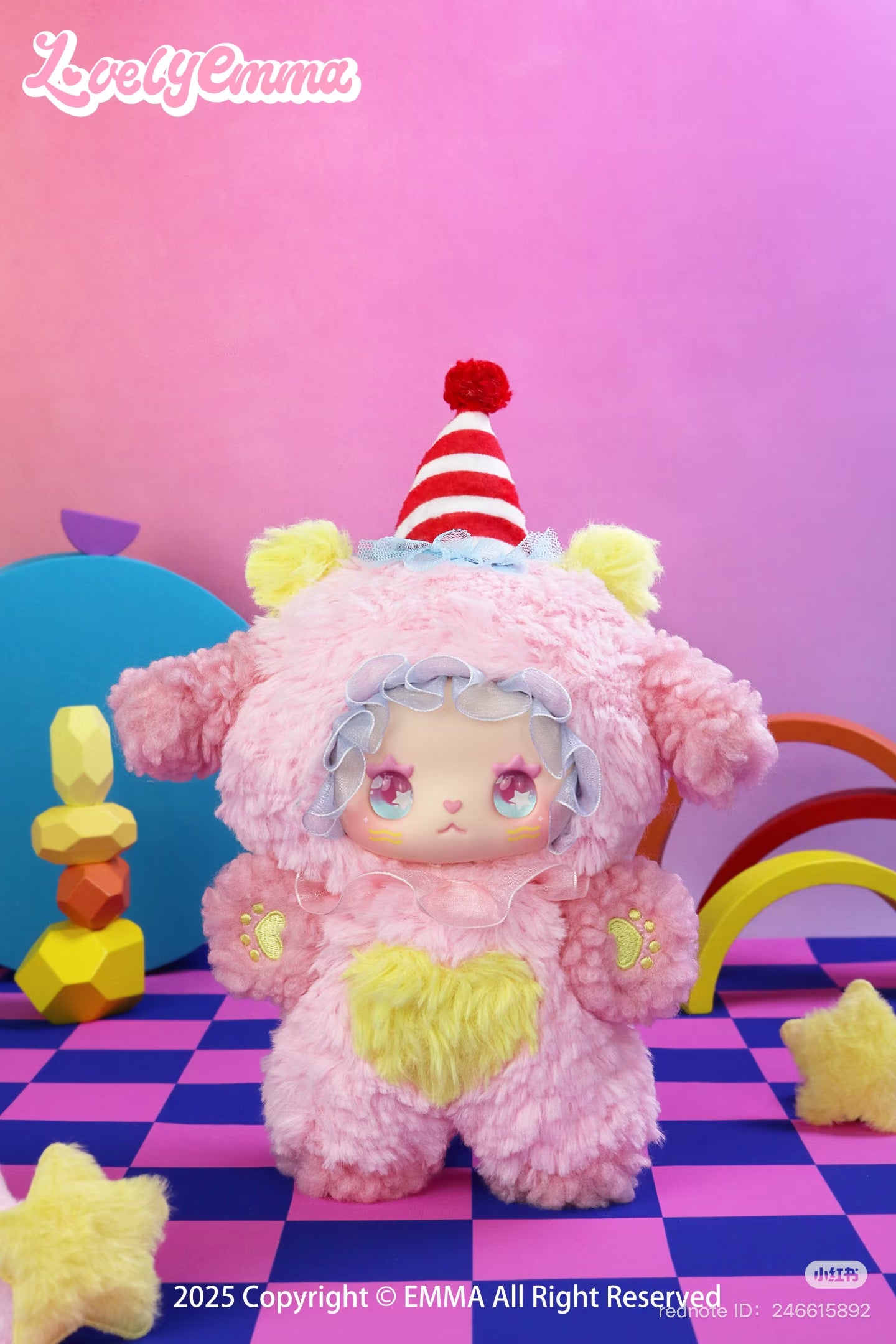 Lovely Emma: Funky Party Plush Blind Box featuring a red and white striped hat, toy close-up, and heart detail. Preorder for August 2025 delivery.