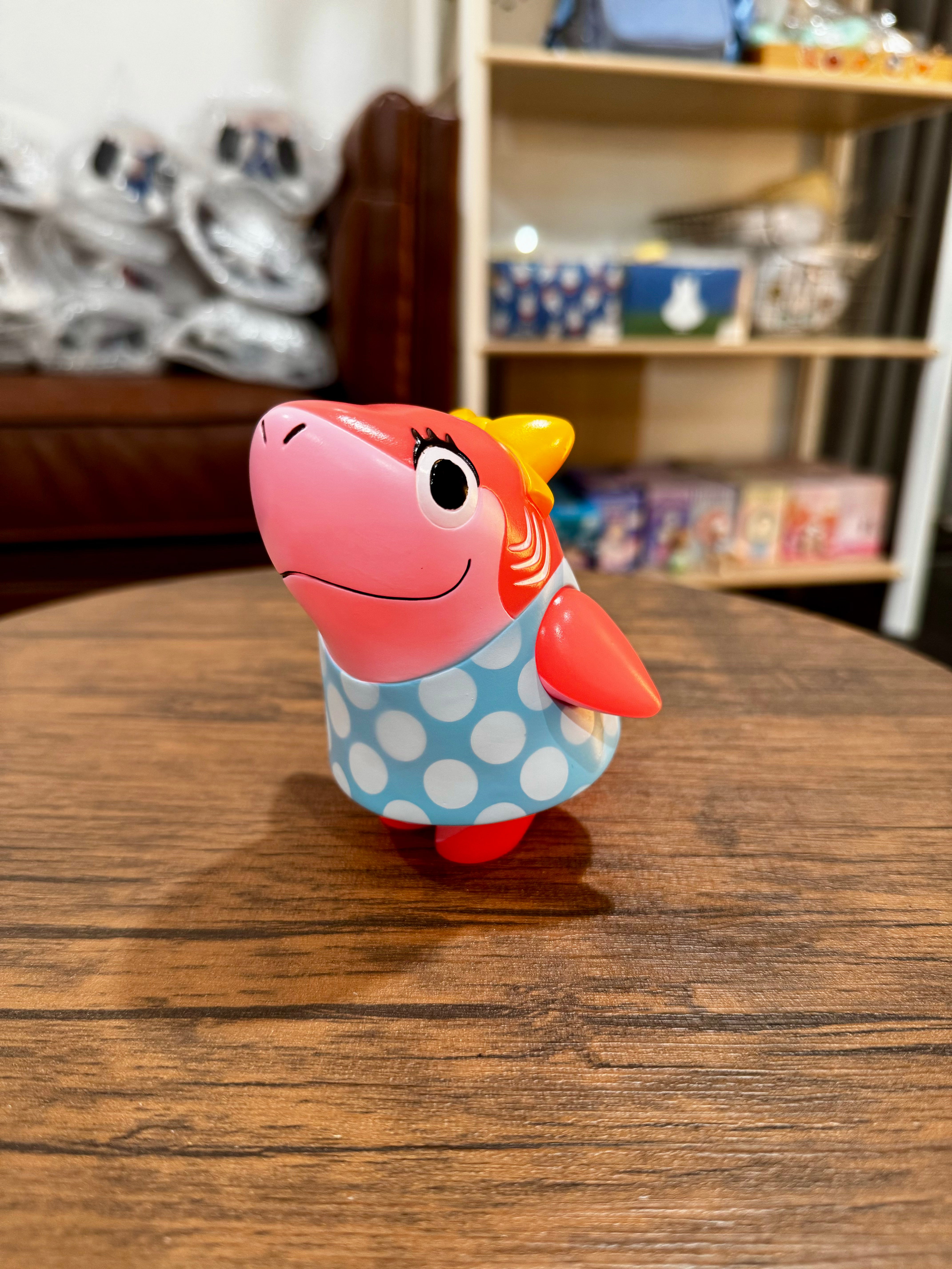 Shark Girl Blue Dress by Red Shark, a 11.5cm Sofubi toy, displayed on a table.