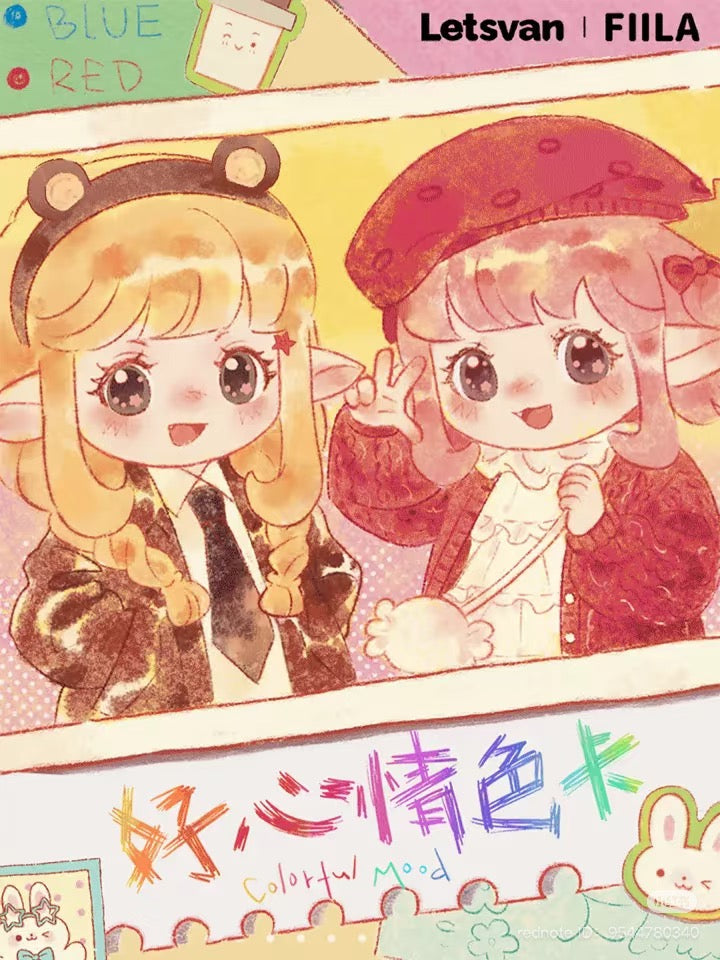 FIILA Good Mood Color Blind Box Series Figures featuring cartoon illustrations of girls, highlighting a collection with 6 regular and 1 secret design.