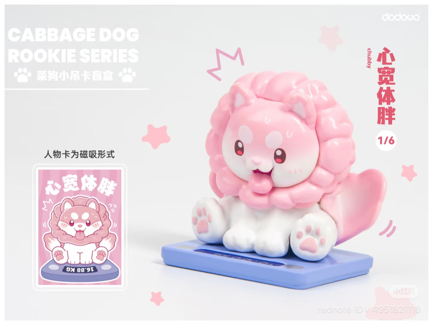 Cabbage Dog Rookie Series Blind Box featuring cartoon dog figures, part of a collectible series with six regular designs and one secret option.