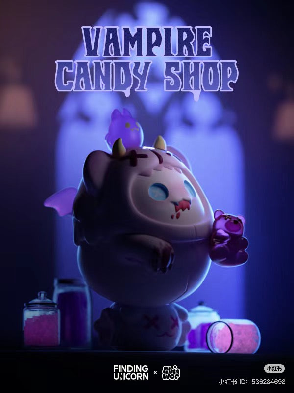 ShinWoo Vampire Candy Shop Blind Box Series toy, partially visible, with a focus on surprise and secret designs, emphasizing its collectible nature in a dark setting.