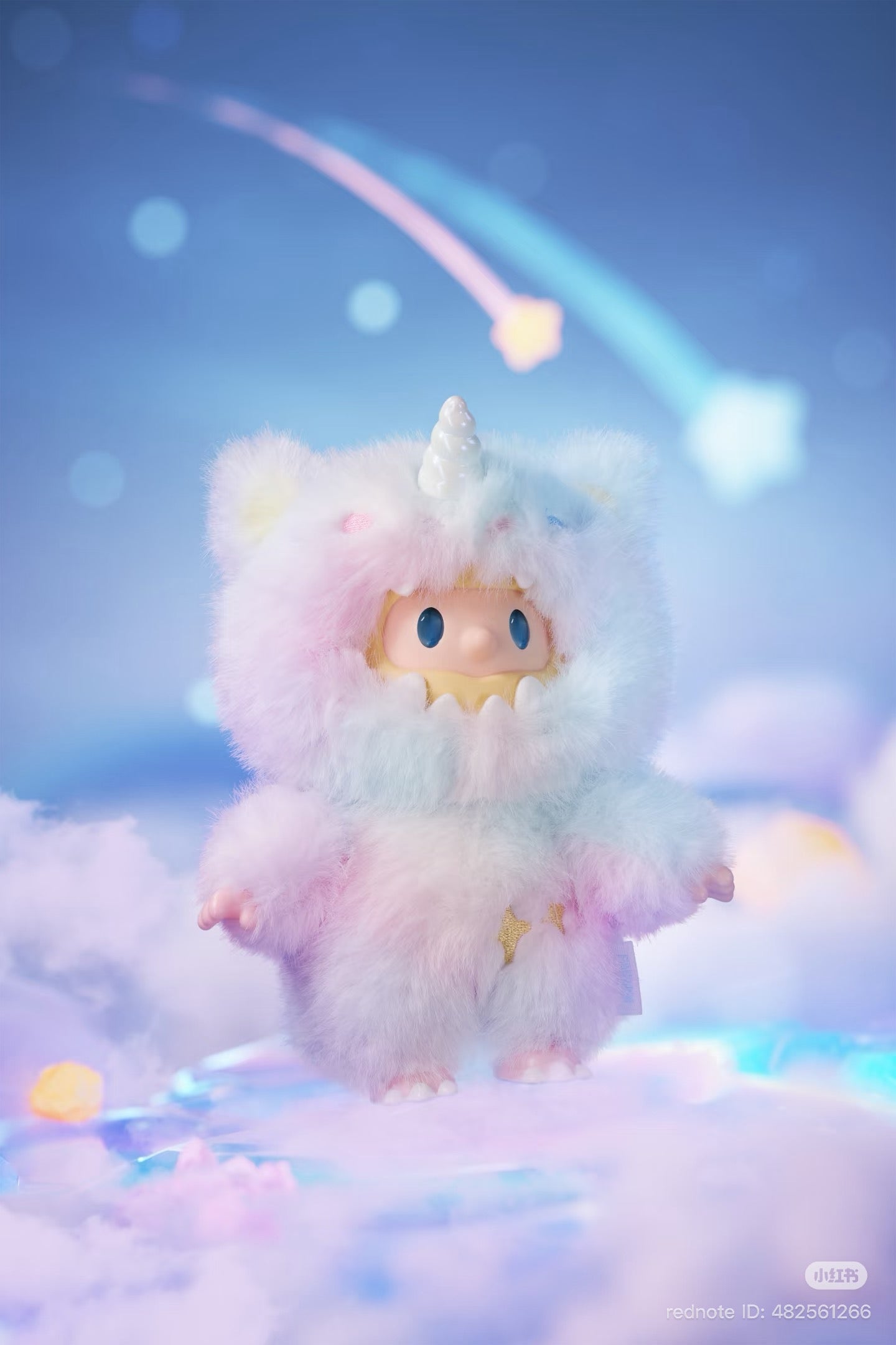 FARMER BOB ANI-DRAGON MIRAGE SERIES collectible in pastel unicorn suit with ceramic horn, standing on cloud surface. Part of a limited artist-designed blind box series.
