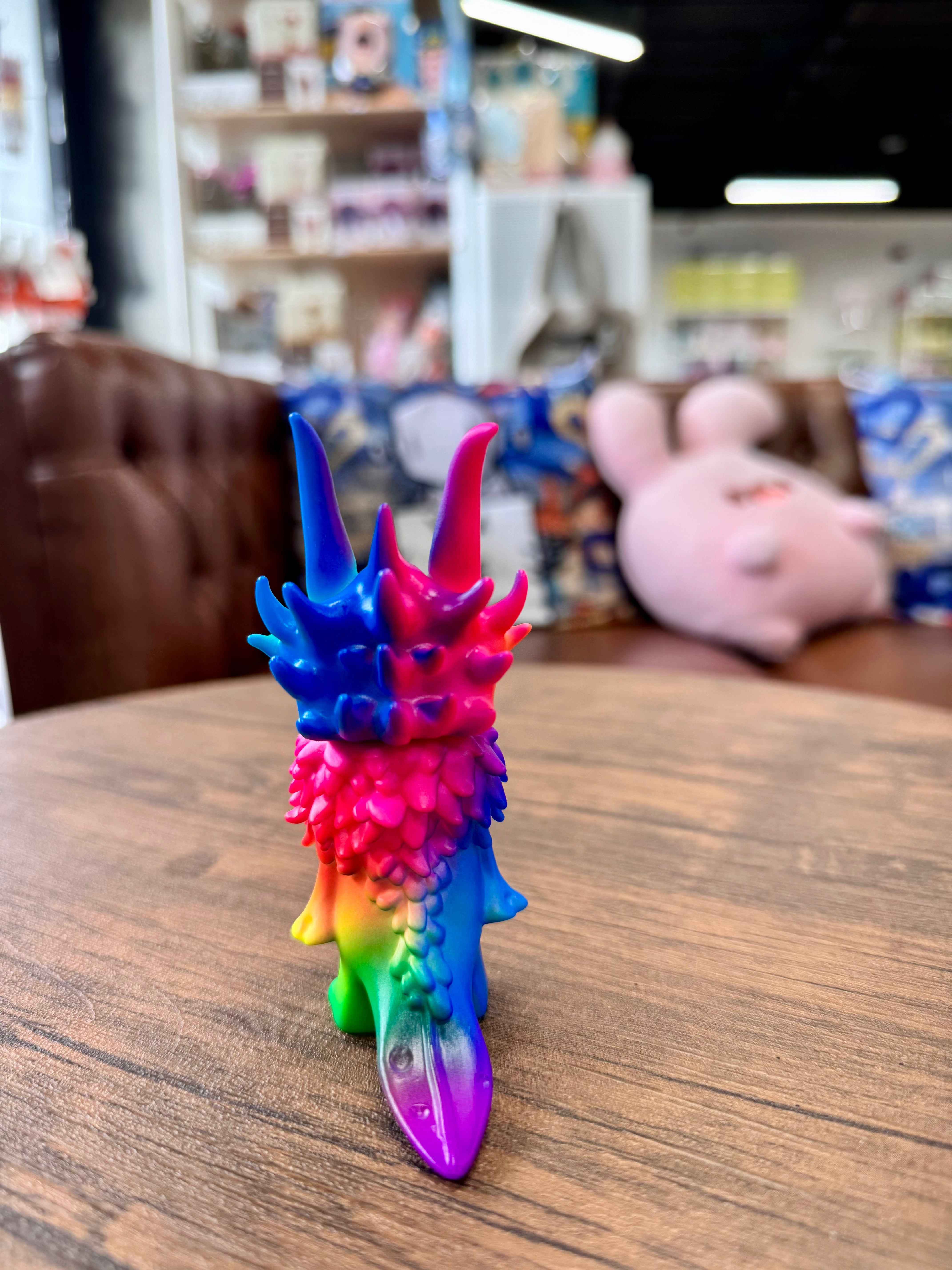 Gekko Dragon Fluorescent Color by YASU, a 11.5cm Japanese Sofubi, showcased close-up, embodying Strangecat Toys' unique art toy collection.