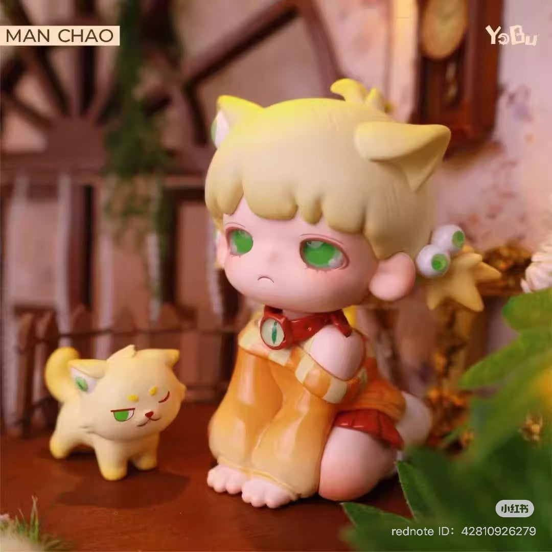 YOBU, the corner no one sees Blind Box Series figurine featuring a cartoon girl with a cat, available for preorder, ships August 2025.
