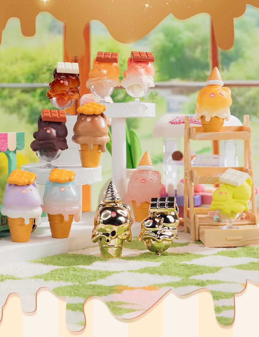 Mia Cookie Mia Ice Cream Blind Box Series featuring toy ice cream cones with cartoon designs, displaying a mix of regular and secret styles.