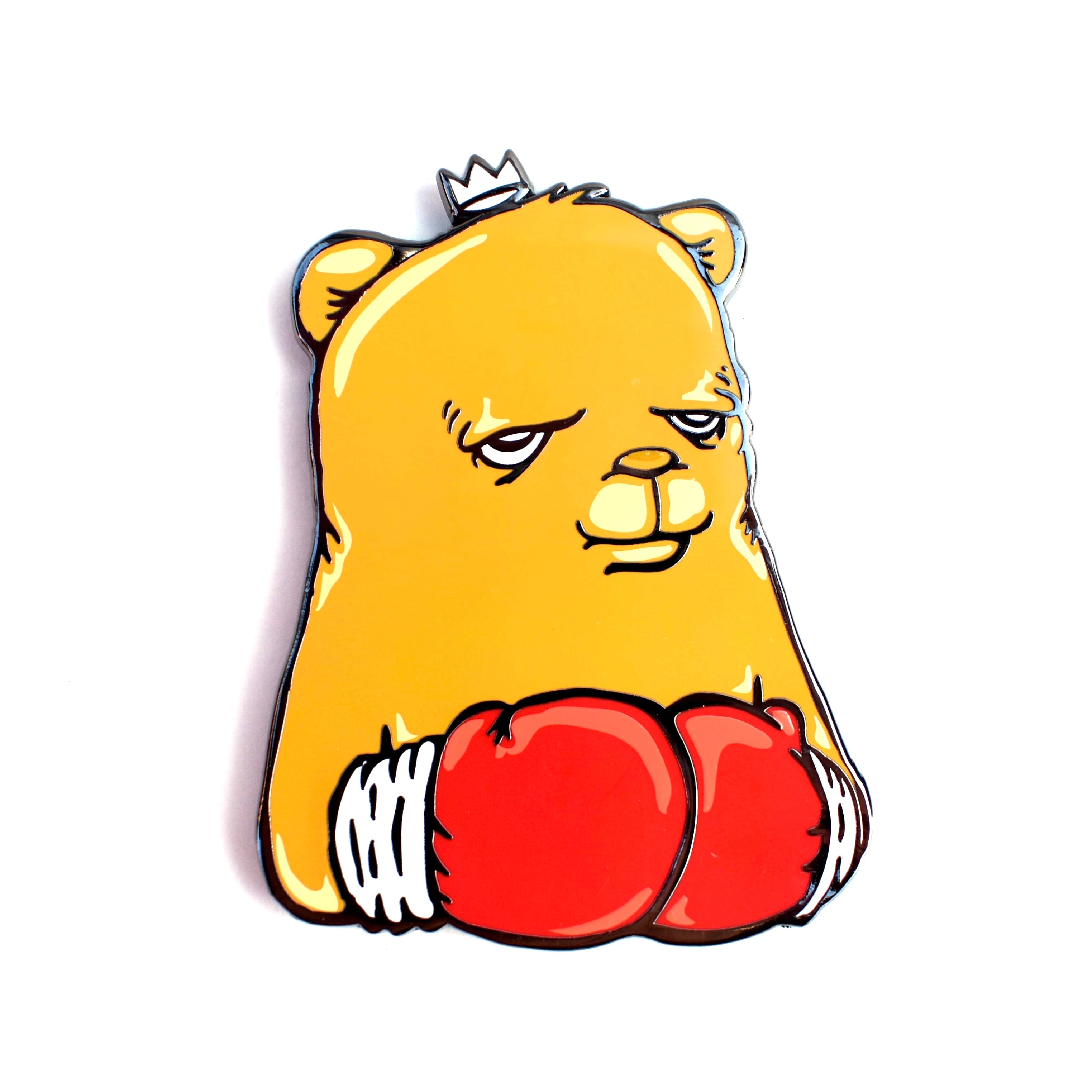JC Rivera The Bear Champ OG Pose Enamel Magnet features a yellow bear with boxing gloves, designed as a hard enamel art piece, limited edition.