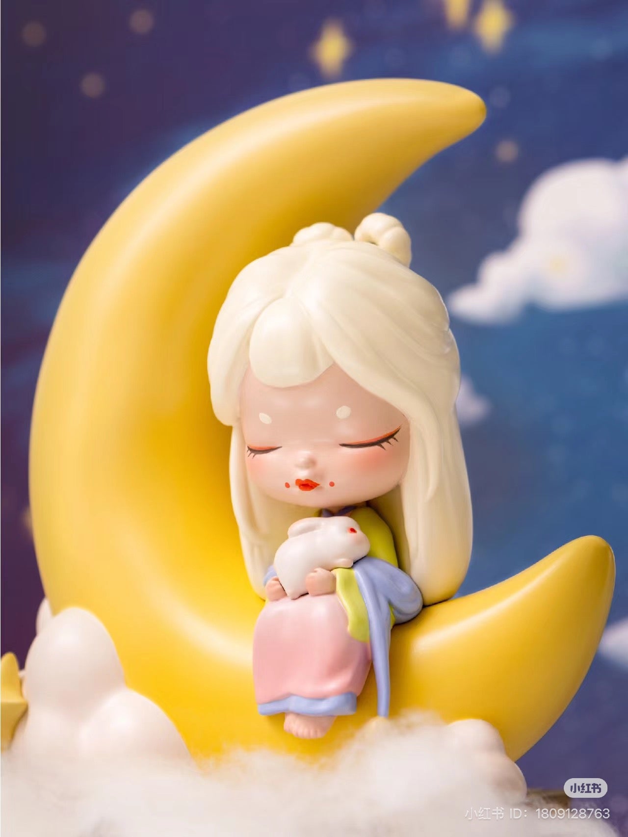 White Night Fairy Tale-Moonlight Rabbit-Luming figurine depicting a girl holding a rabbit on the moon, crafted from PVC, dimensions 17×15.8×9.1cm.
