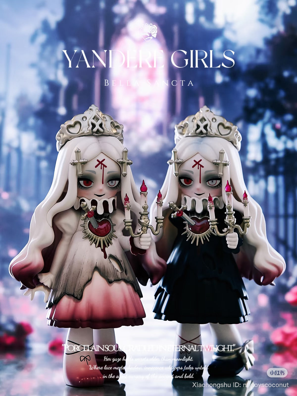 Yandere Girls Bella Sancta dolls, porcelain-style with crowns, holding candelabras; one in a white-to-red dress, the other in black. Preorder limited edition from Strangecat Toys.