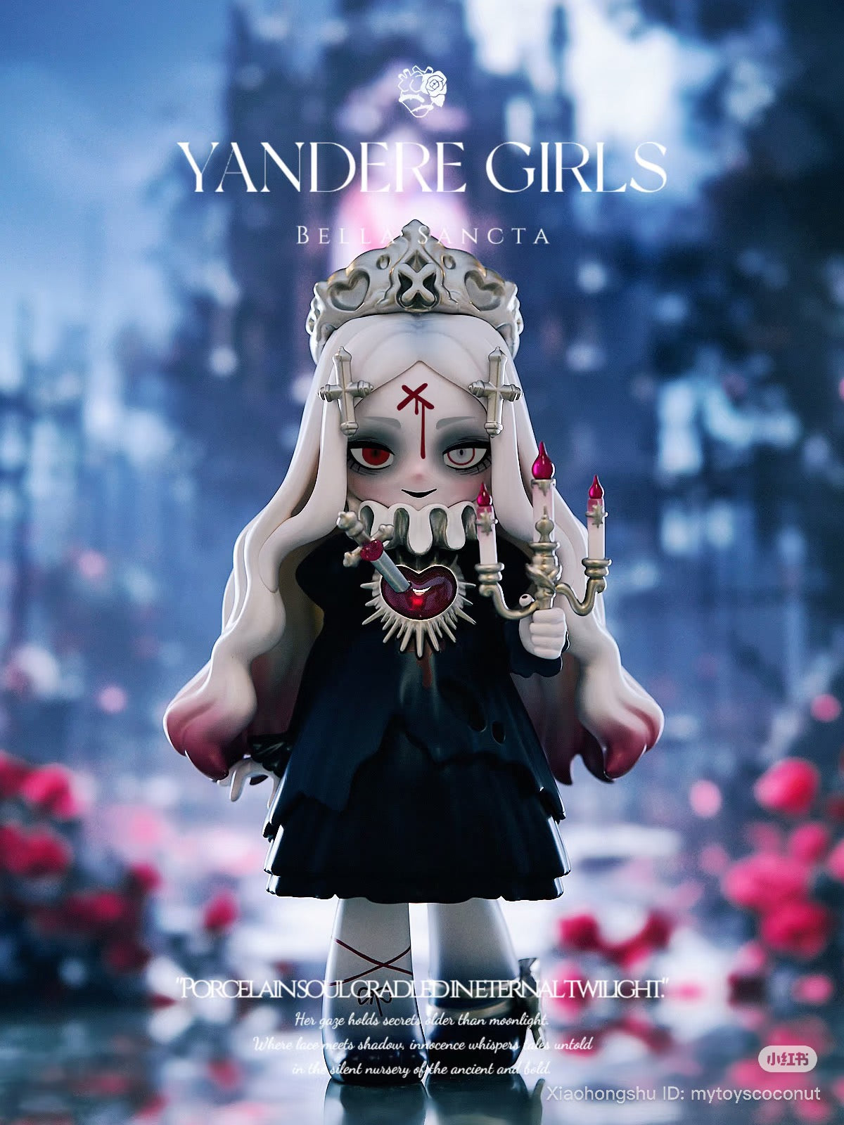 Yandere Girls Bella Sancta preorder: chibi porcelain doll with dual-colored eyes, silver crown, gothic dress, holding candelabra, set in a moonlit garden. Limited edition.