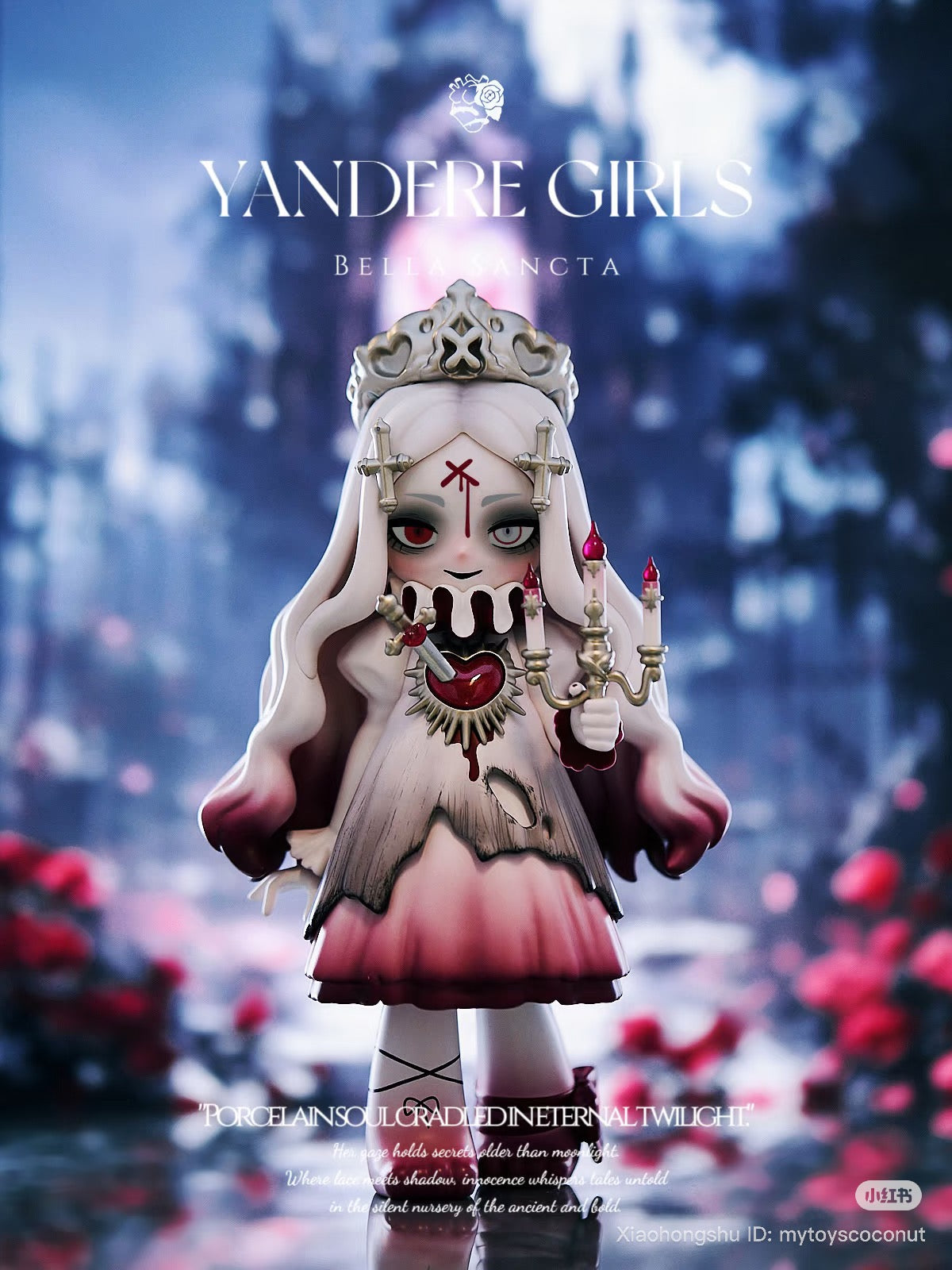 Yandere Girls Bella Sancta - Preorder: A stylized doll with long hair, crown, and sacred-heart motif, holding a candelabrum, against a dreamy floral backdrop.