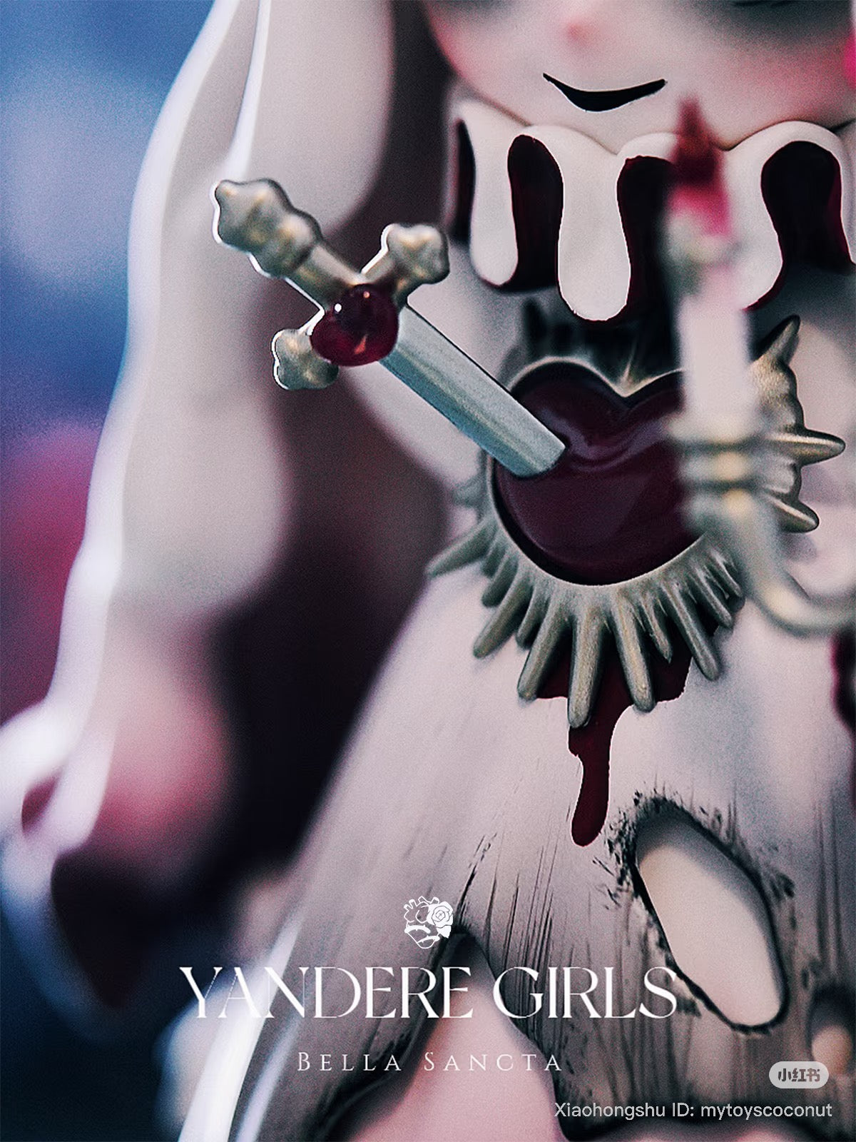 Yandere Girls Bella Sancta preorder figure features a bleeding heart with a sword, branded text. Resin/PVC, 9.6 inches, limited edition. Ships end of Sept 2025.