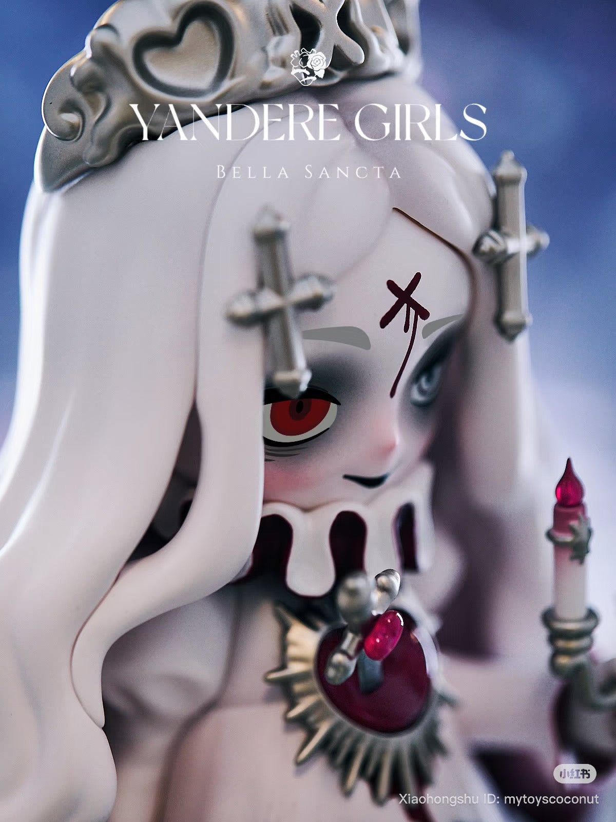 Yandere Girls Bella Sancta preorder figure featuring a gothic-cute design with white hair, red eyes, tiara, and candle, capturing dark-angel innocence.